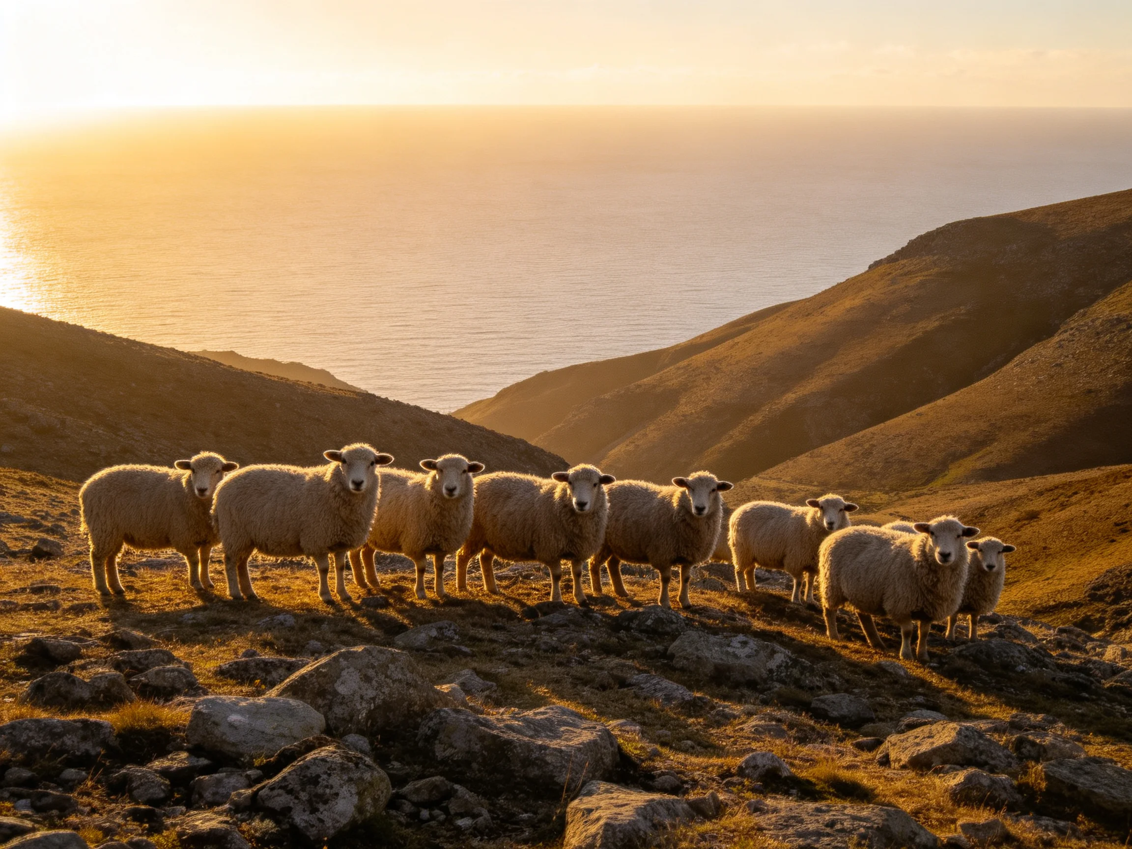 A flock of sheep on rocky hills near a golden ocean at sunset