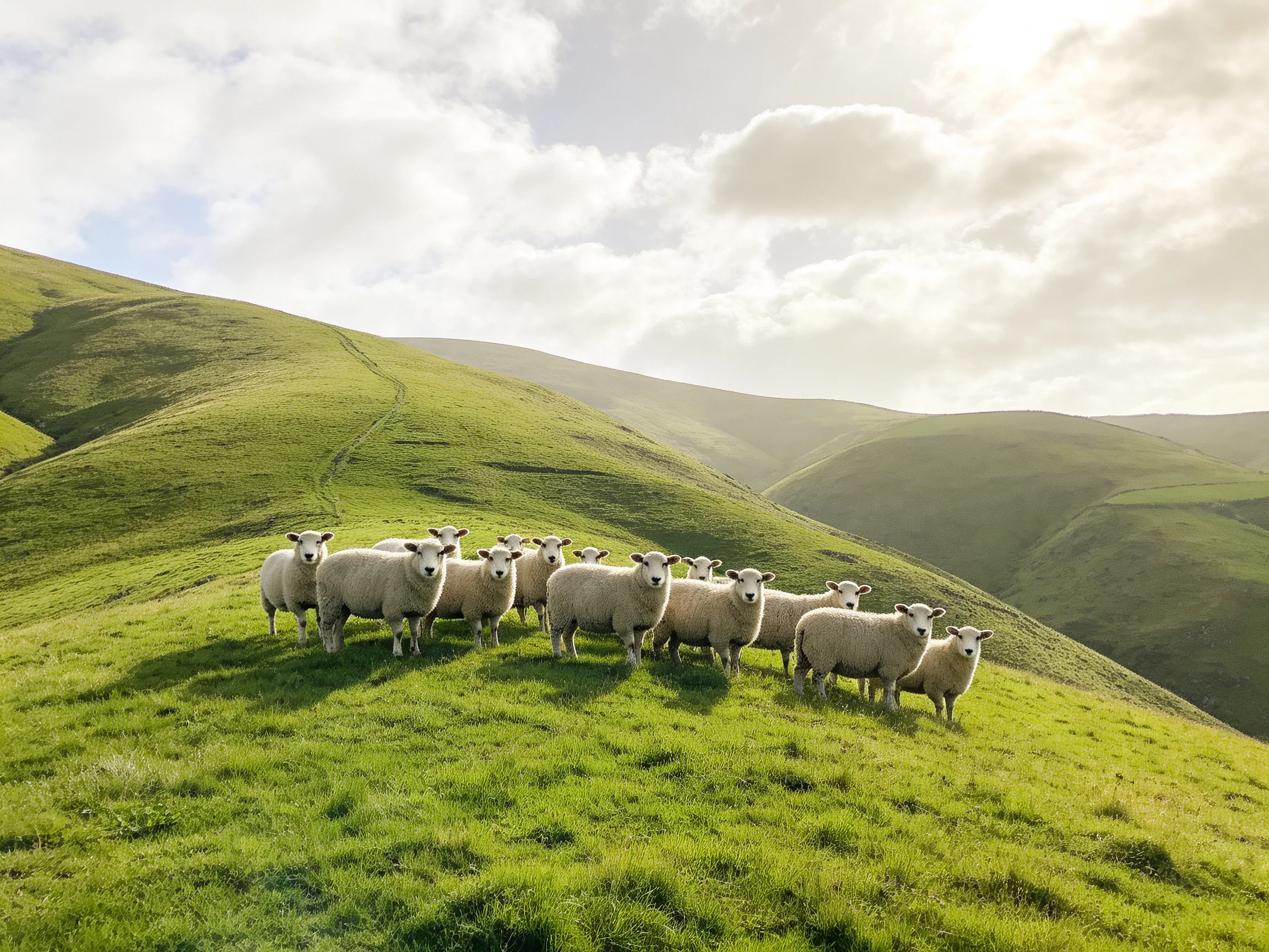 A flock of sheep on rolling green hills