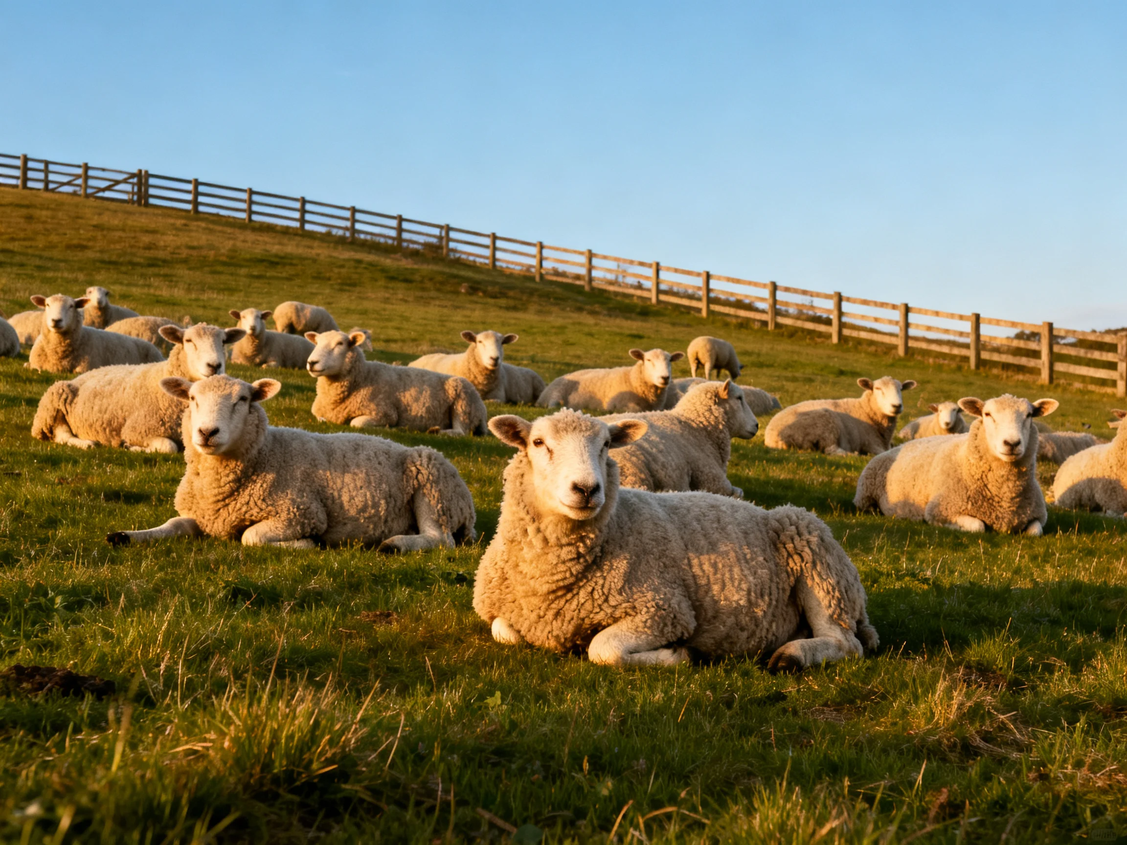 A flock of sheep resting on a grassy hillside near a wooden fence