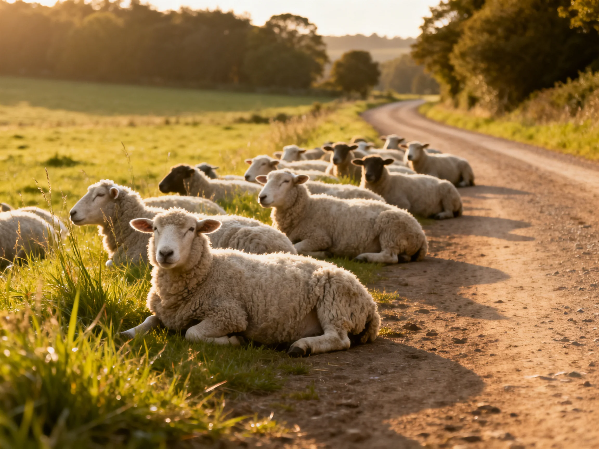 A flock of sheep rests along a sunlit country dirt road