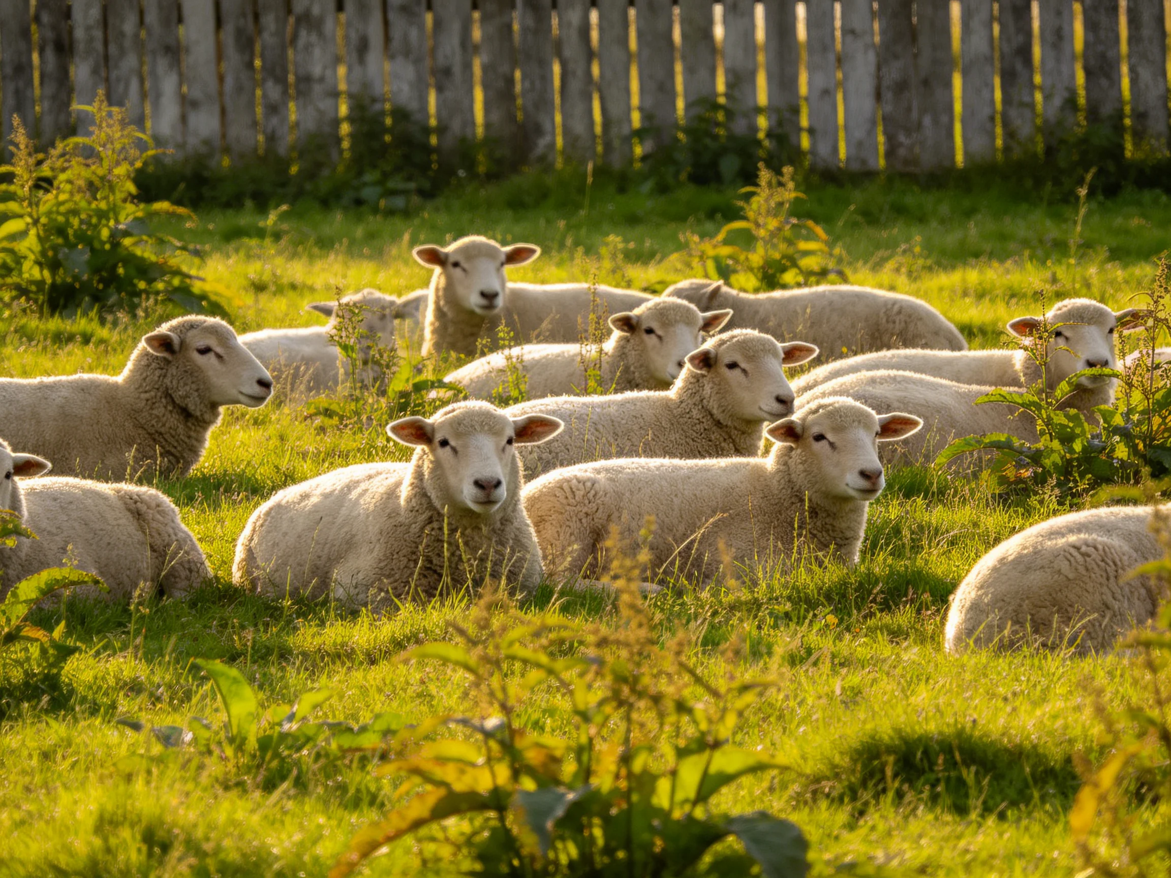 A flock of sheep rests in a sunlit green pasture by a wooden fence