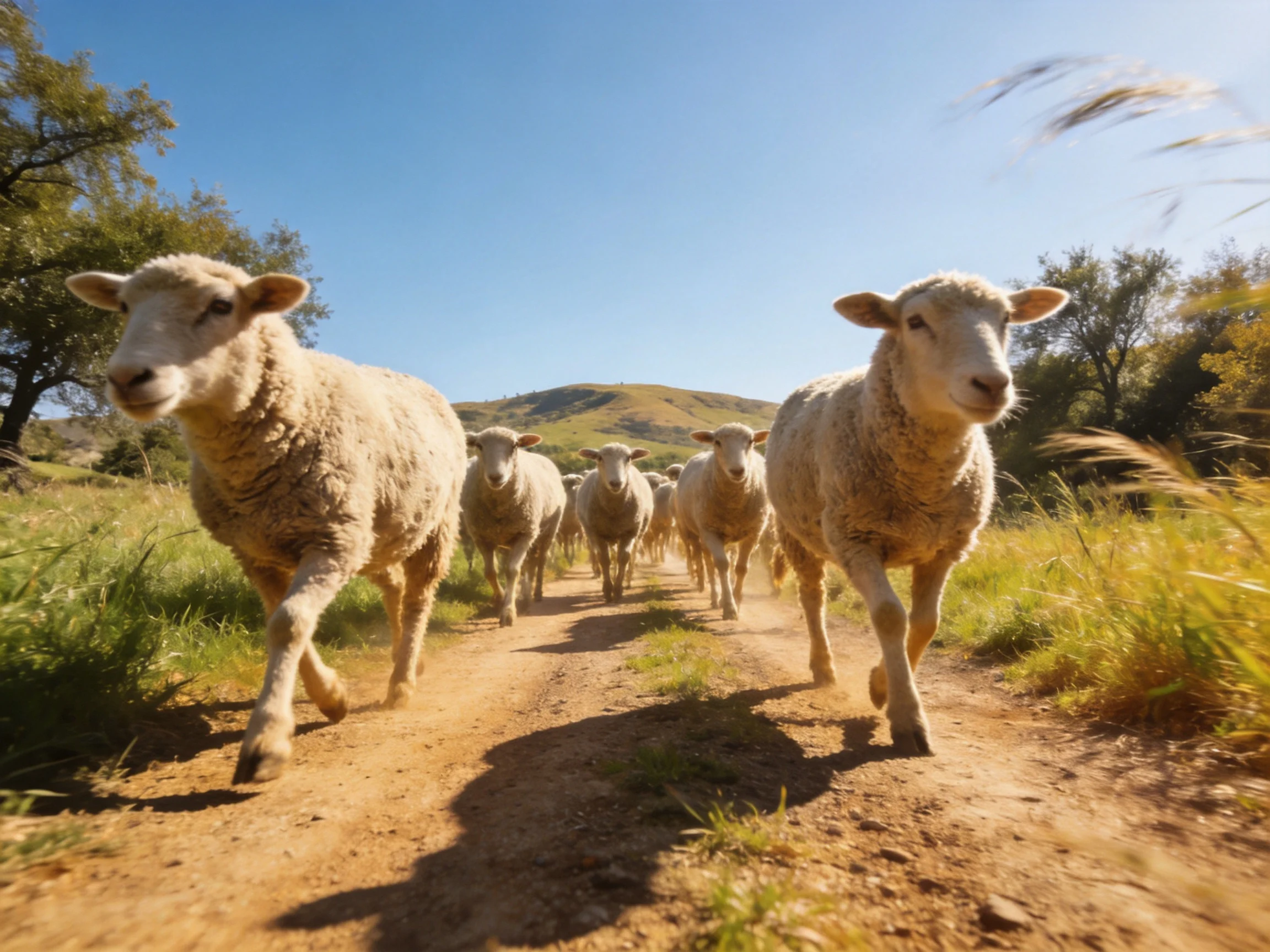 A flock of sheep running down a sunlit dirt path