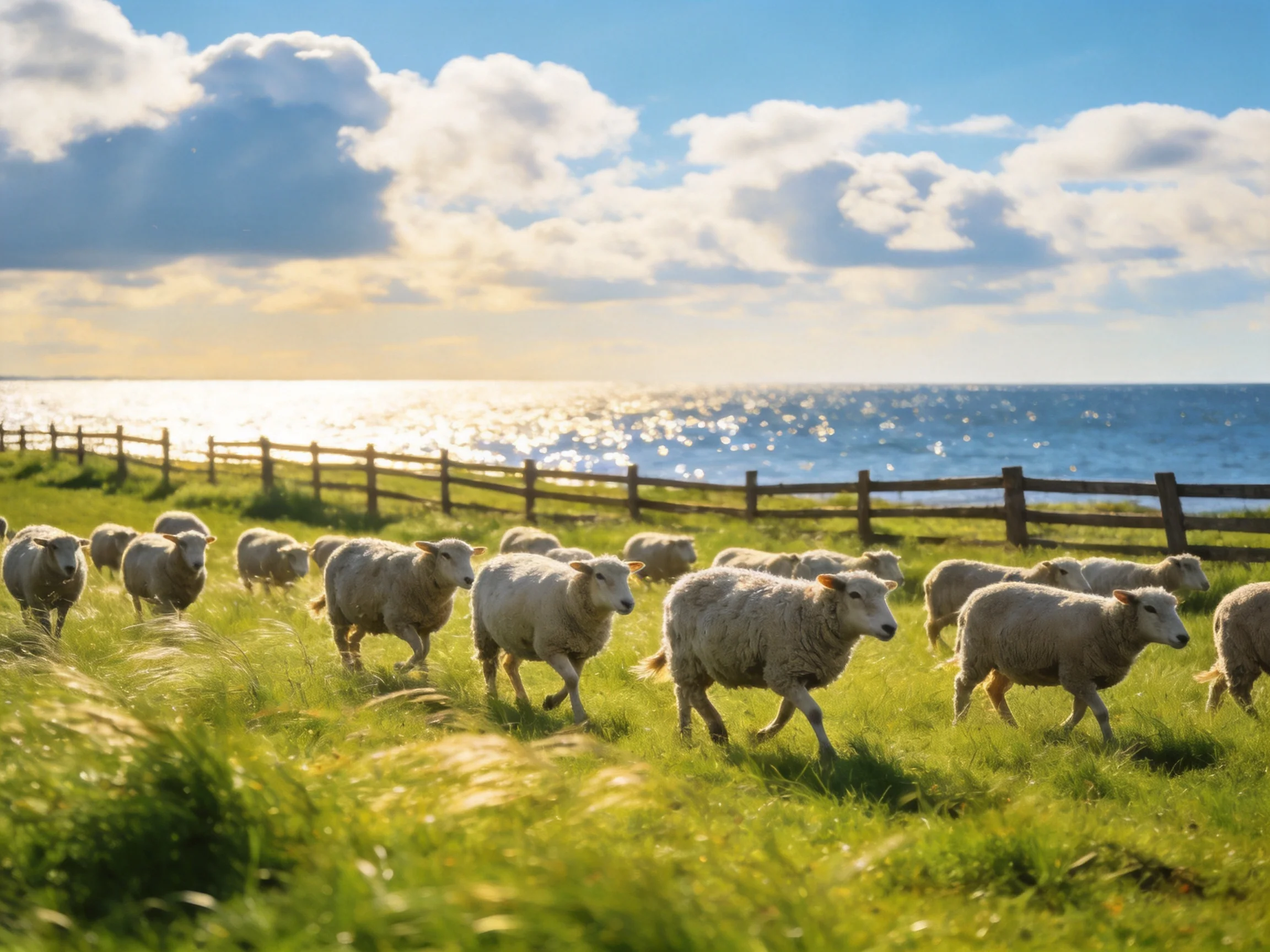 A flock of sheep running through a lush coastal meadow near a wooden fence