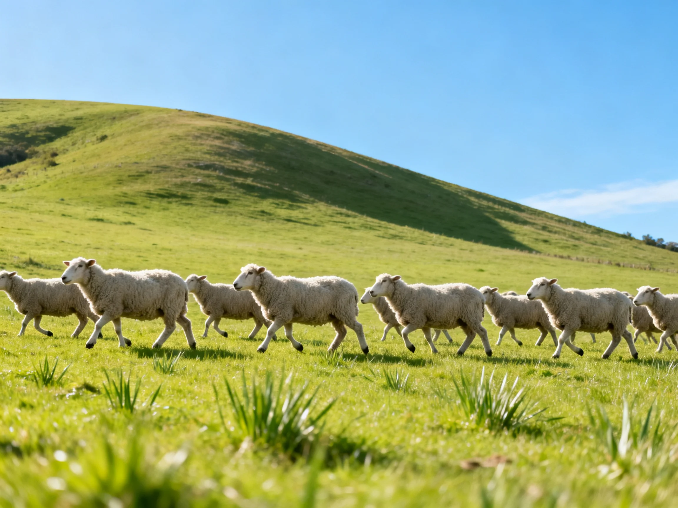 A flock of sheep running through a lush green meadow near rolling hills