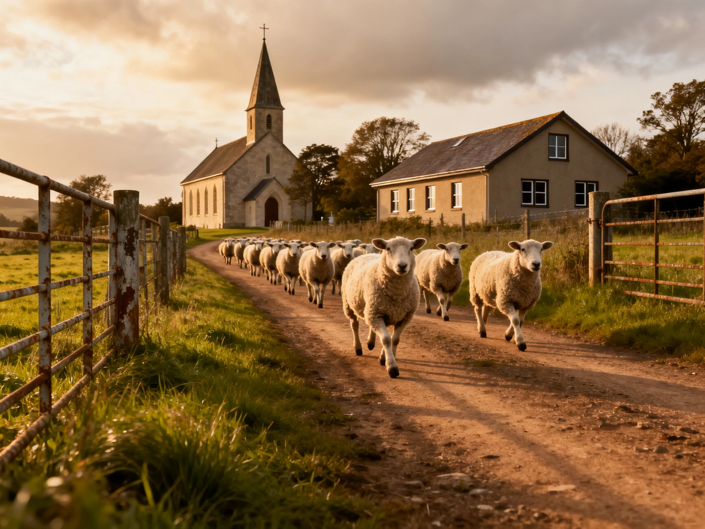 A flock of sheep runs along a country dirt road near stone church