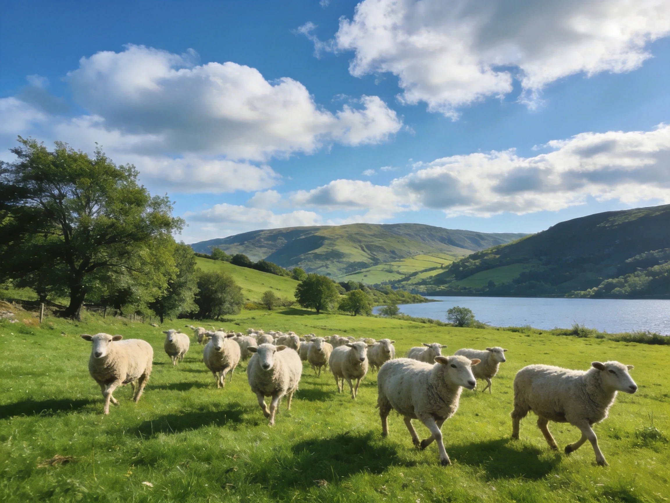 A flock of sheep runs through a lush green meadow near a serene lake