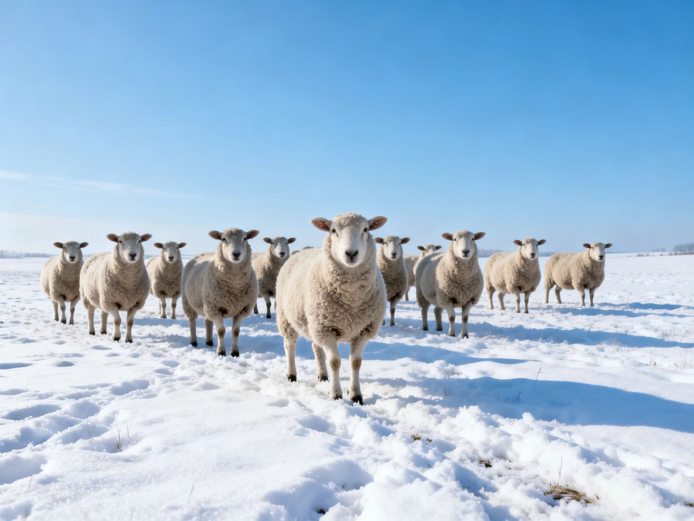 A flock of sheep stands in a bright snowy field under clear blue sky