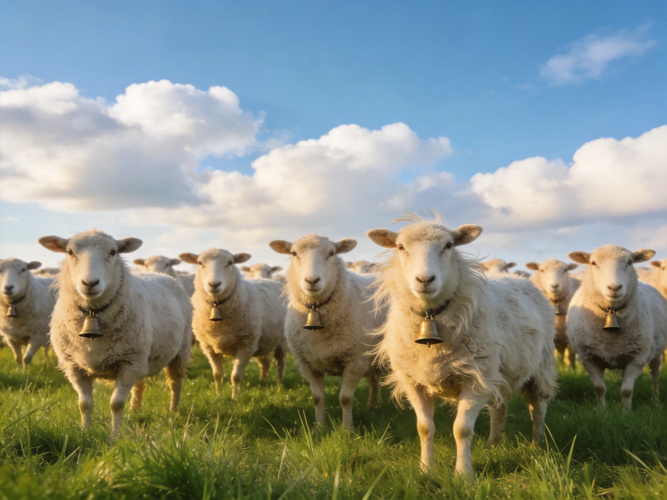 A group of sheep gathers in a sunlit meadow beneath clear blue skies.