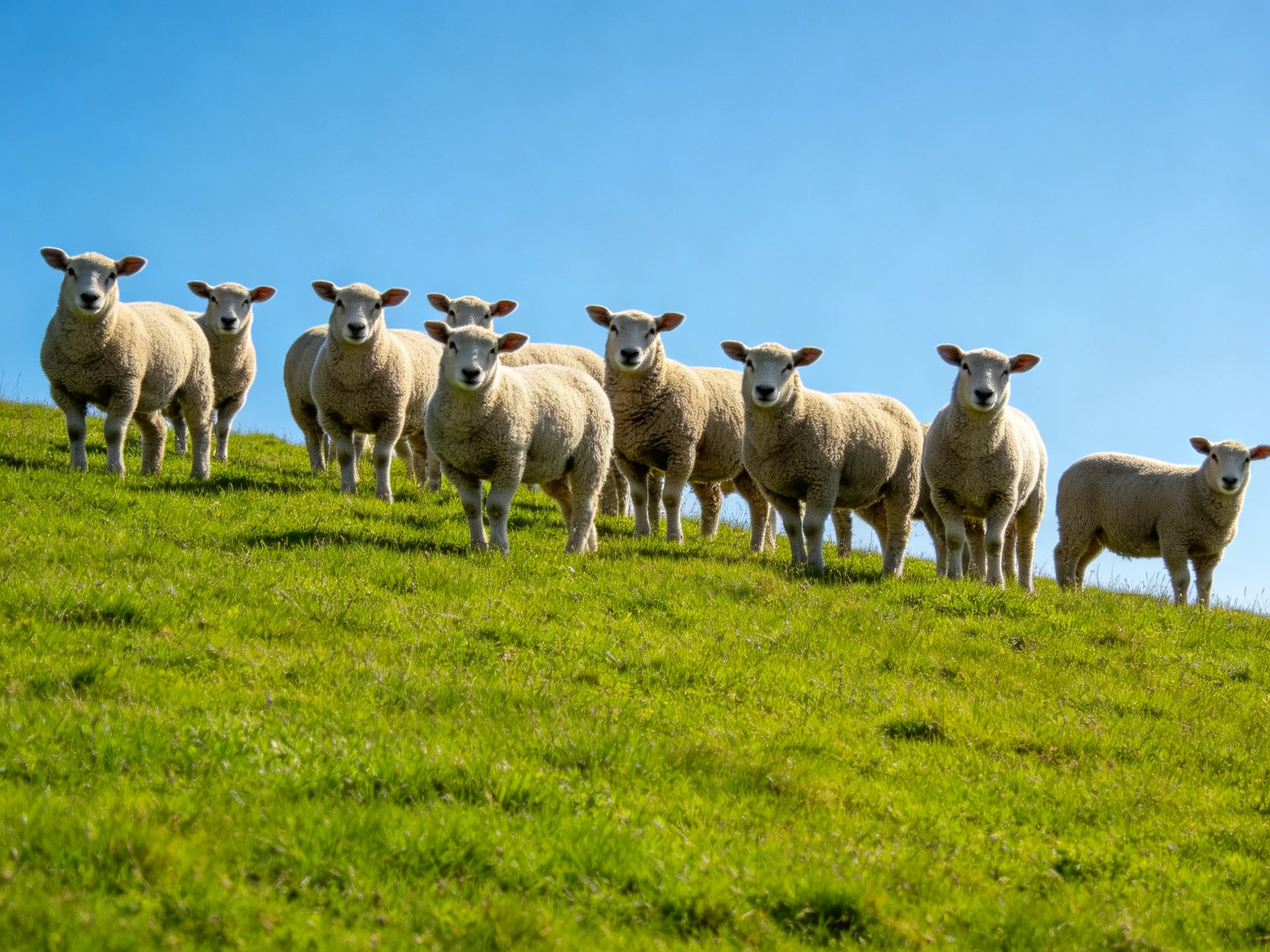A flock of sheep stands on a green hillside under clear blue sky
