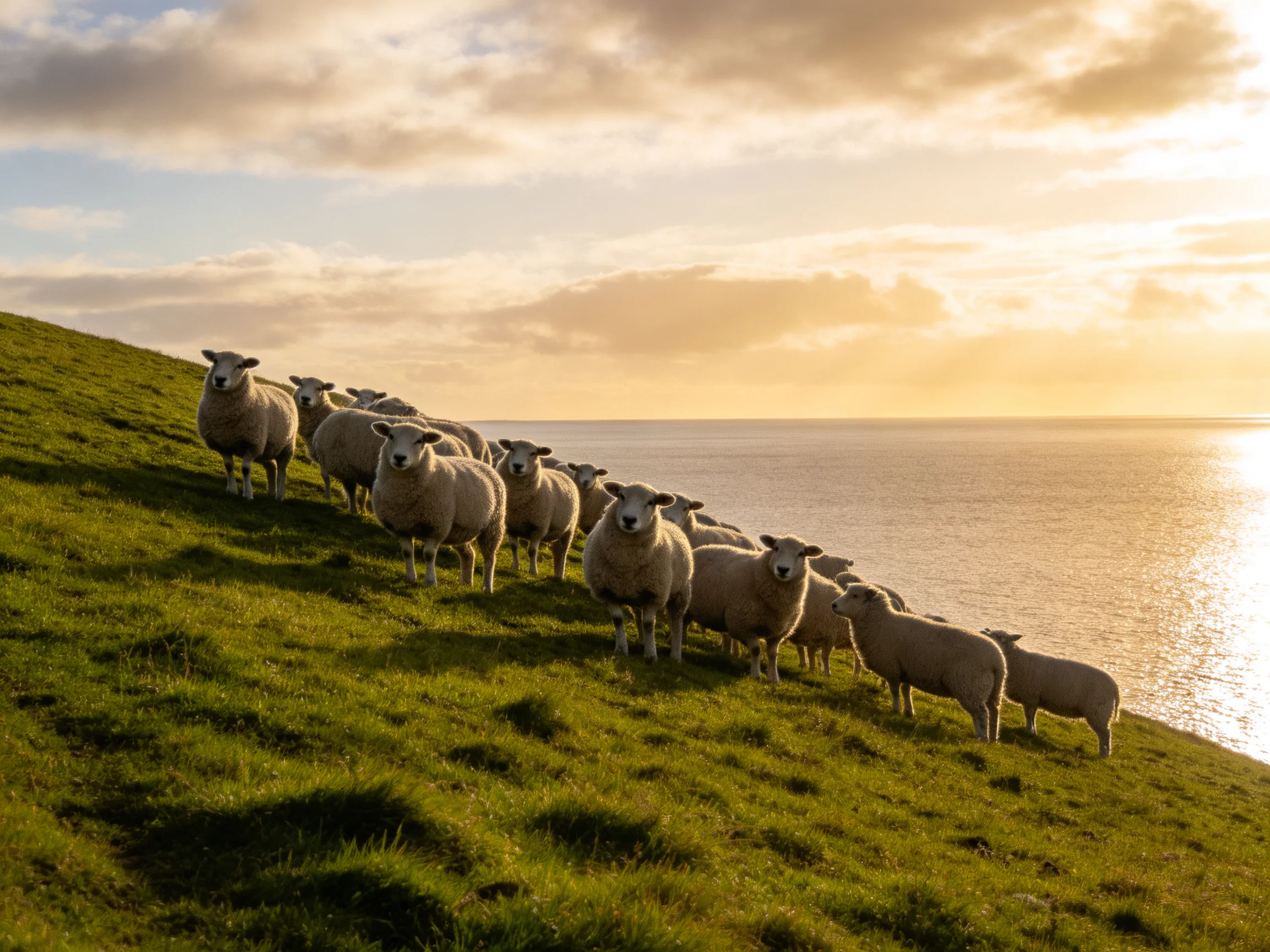 A flock of sheep stands on a lush green hillside near the sea at sunset