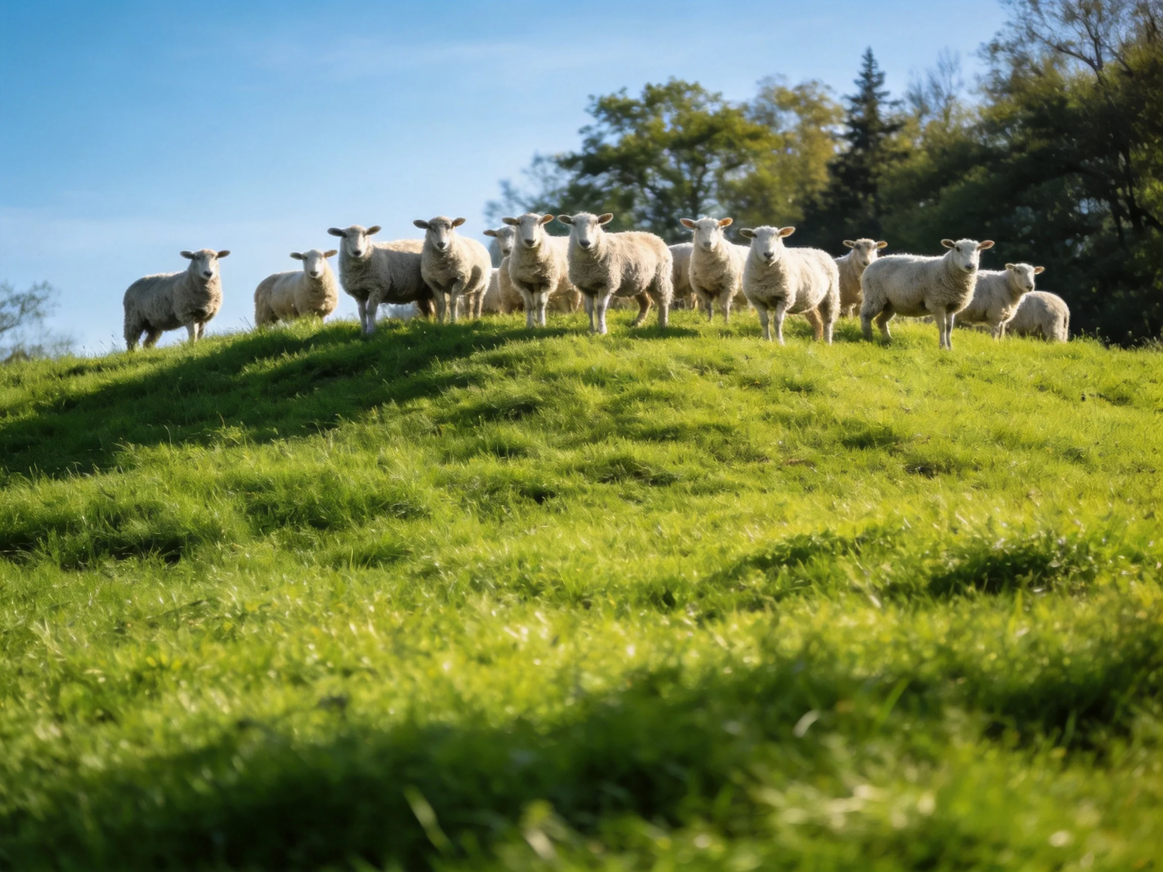 A flock of sheep stands on a lush green hilltop under clear blue sky