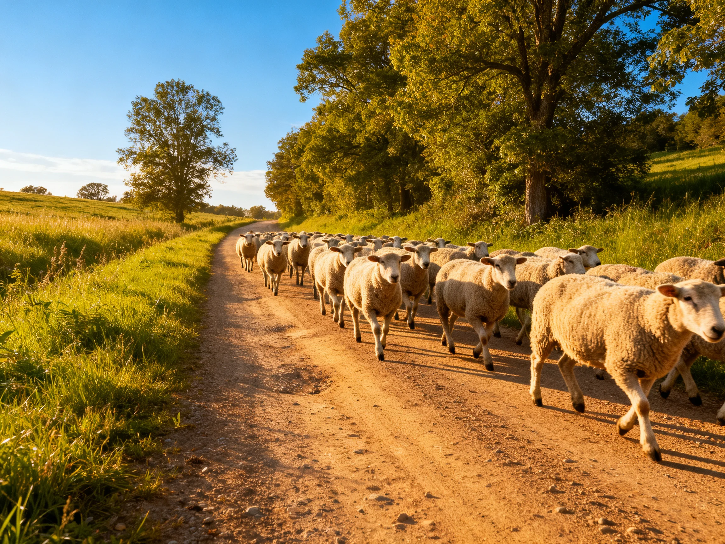 A flock of sheep travels along a sun-drenched dirt path
