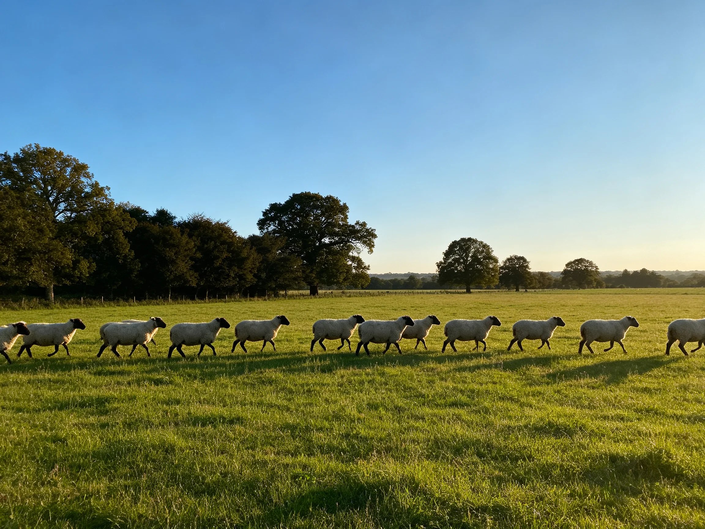 A flock of sheep walking through a sunlit green pasture near large trees.