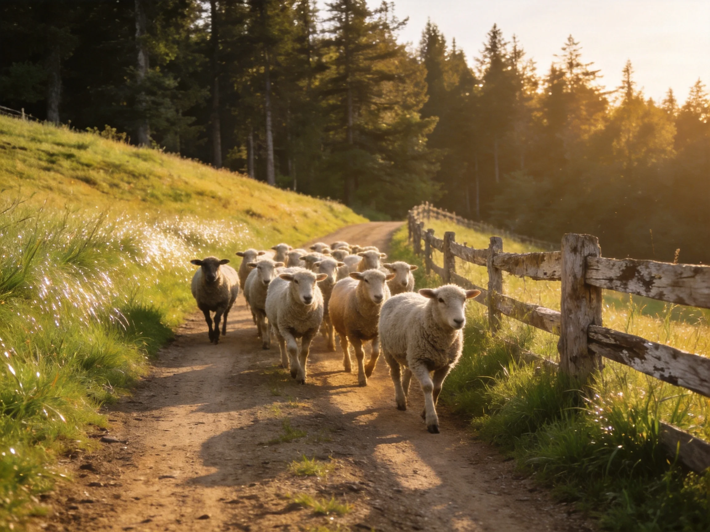 A flock of sheep walks along a dirt path beside a wooden fence near a forest at golden hour.