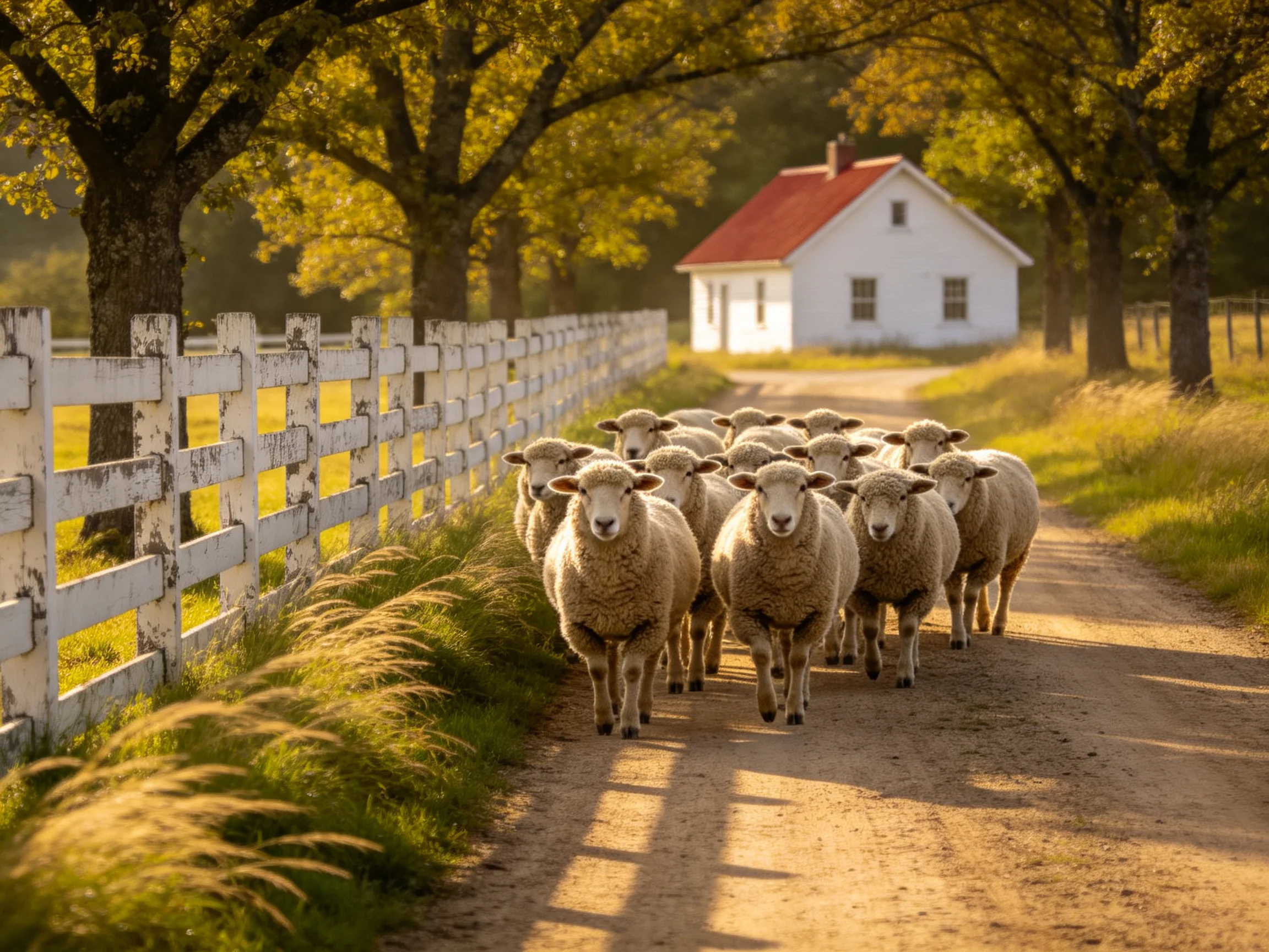 A flock of sheep walks along a sunlit dirt path beside a white house