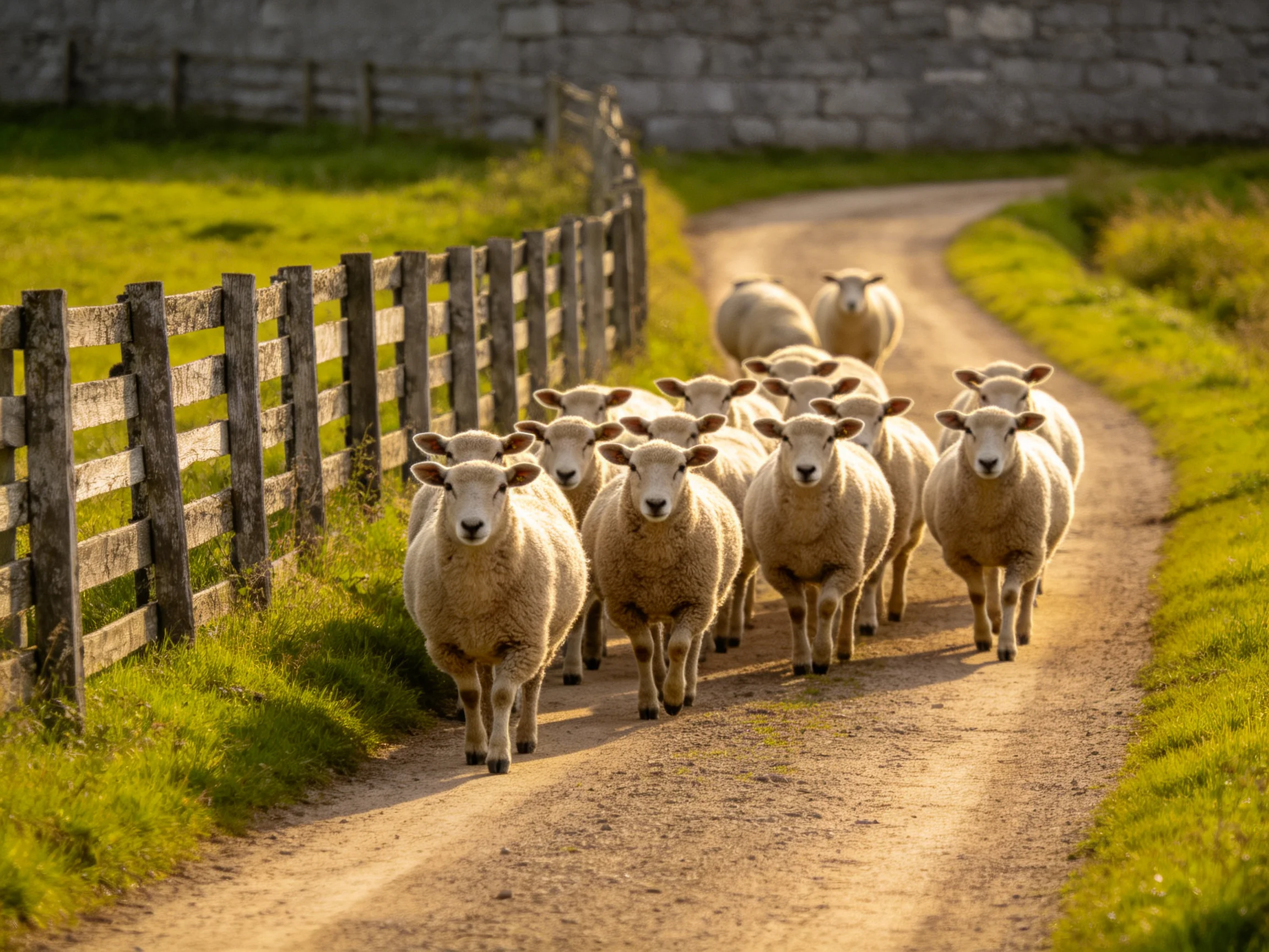 A flock of sheep walks along a winding dirt path near a wooden fence