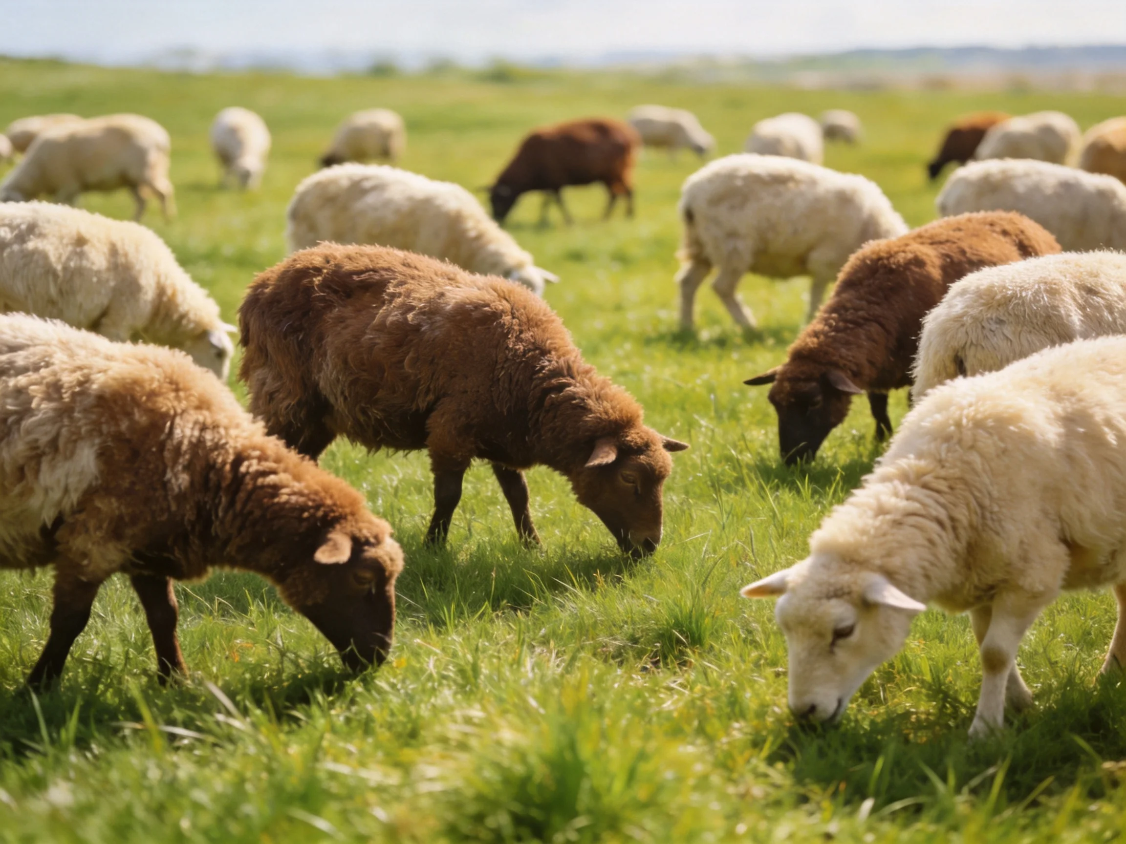 Sheep of different colors graze in a green pasture.