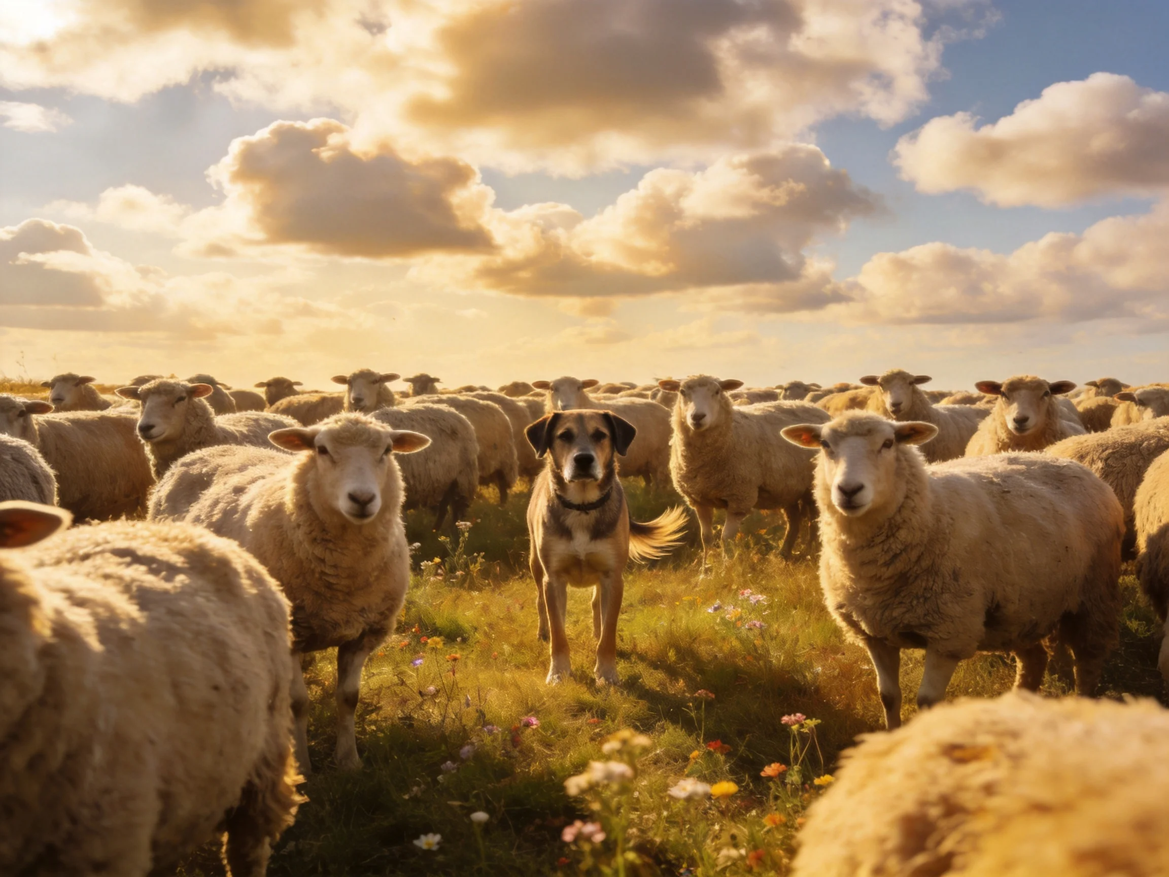 A flock of sheep with a dog in a sunlit meadow under cloudy skies
