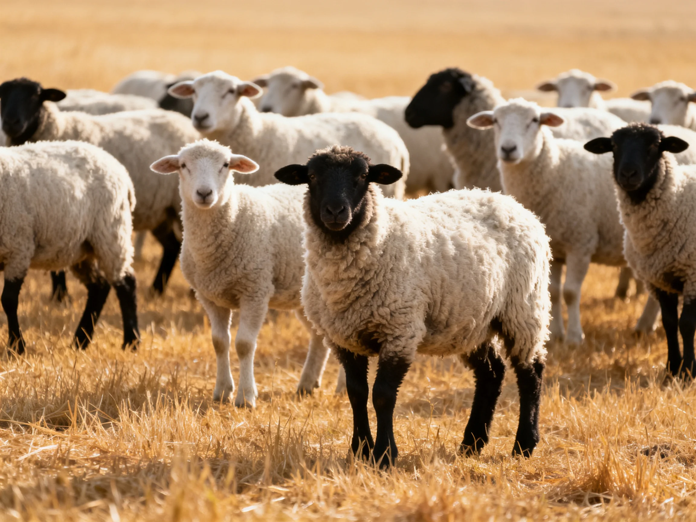 A flock of sheep with black and white coats in golden grassland