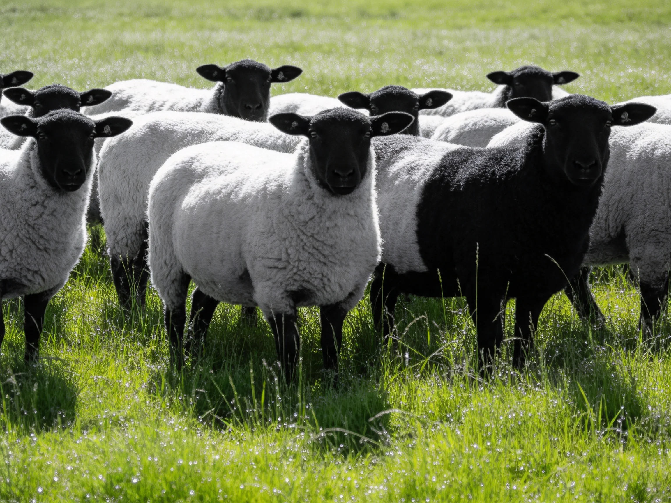 A flock of sheep with black faces and white wool in a lush green pasture