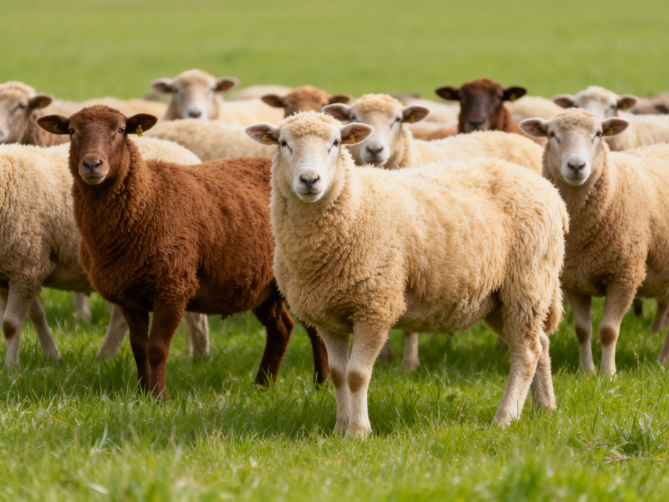A flock of sheep with brown and white coats in a lush green pasture