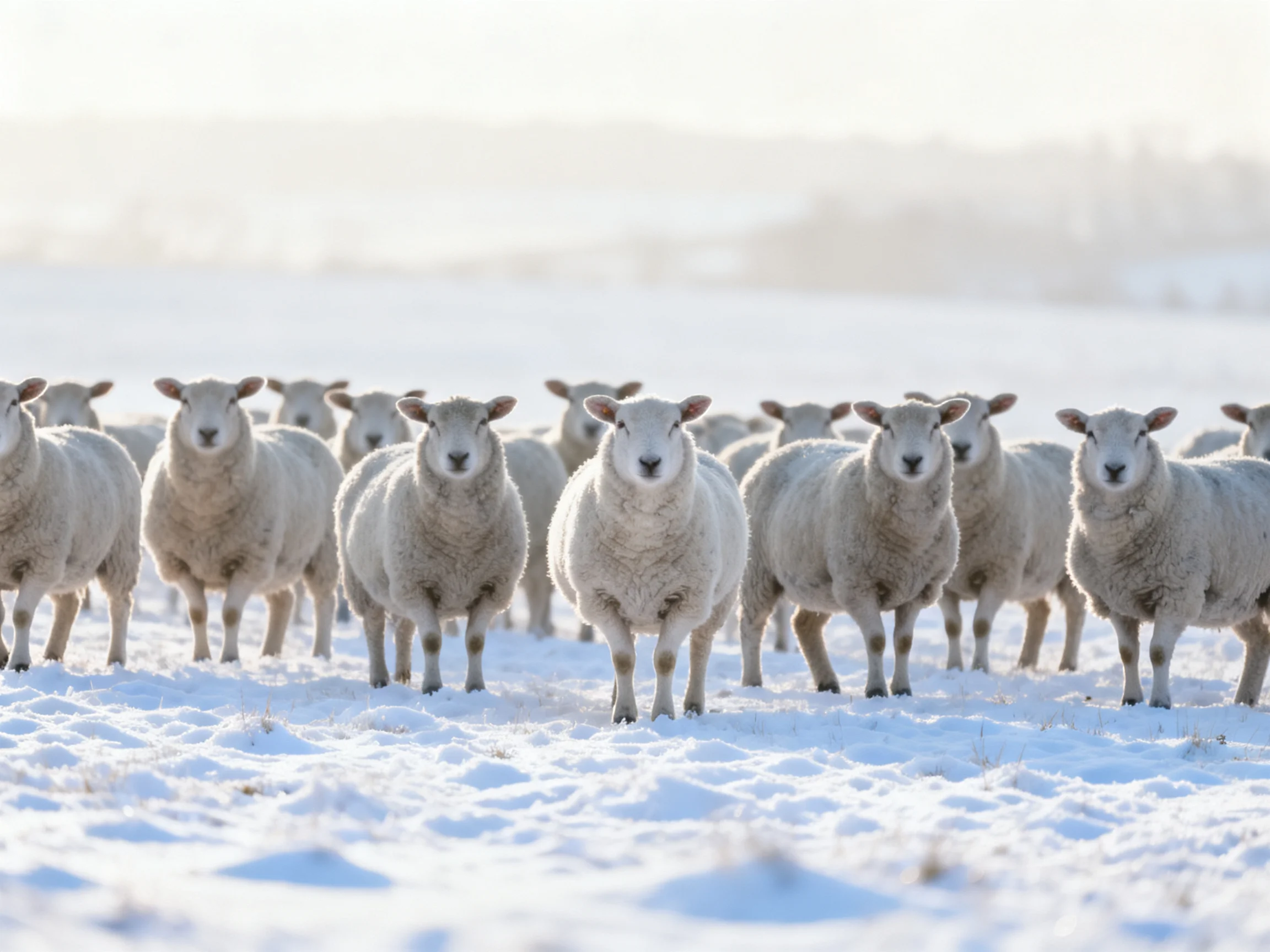 A flock of sheep with thick white wool in a snowy field