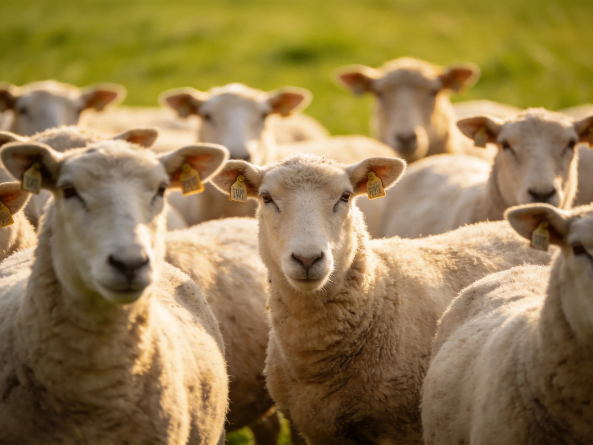 A flock of sheep with thick white wool in a sunlit green pasture