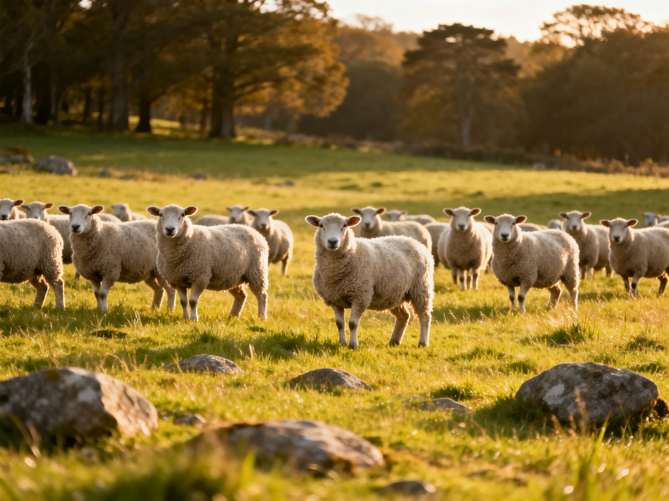 A flock of sheep with thick wool in a sunlit green pasture