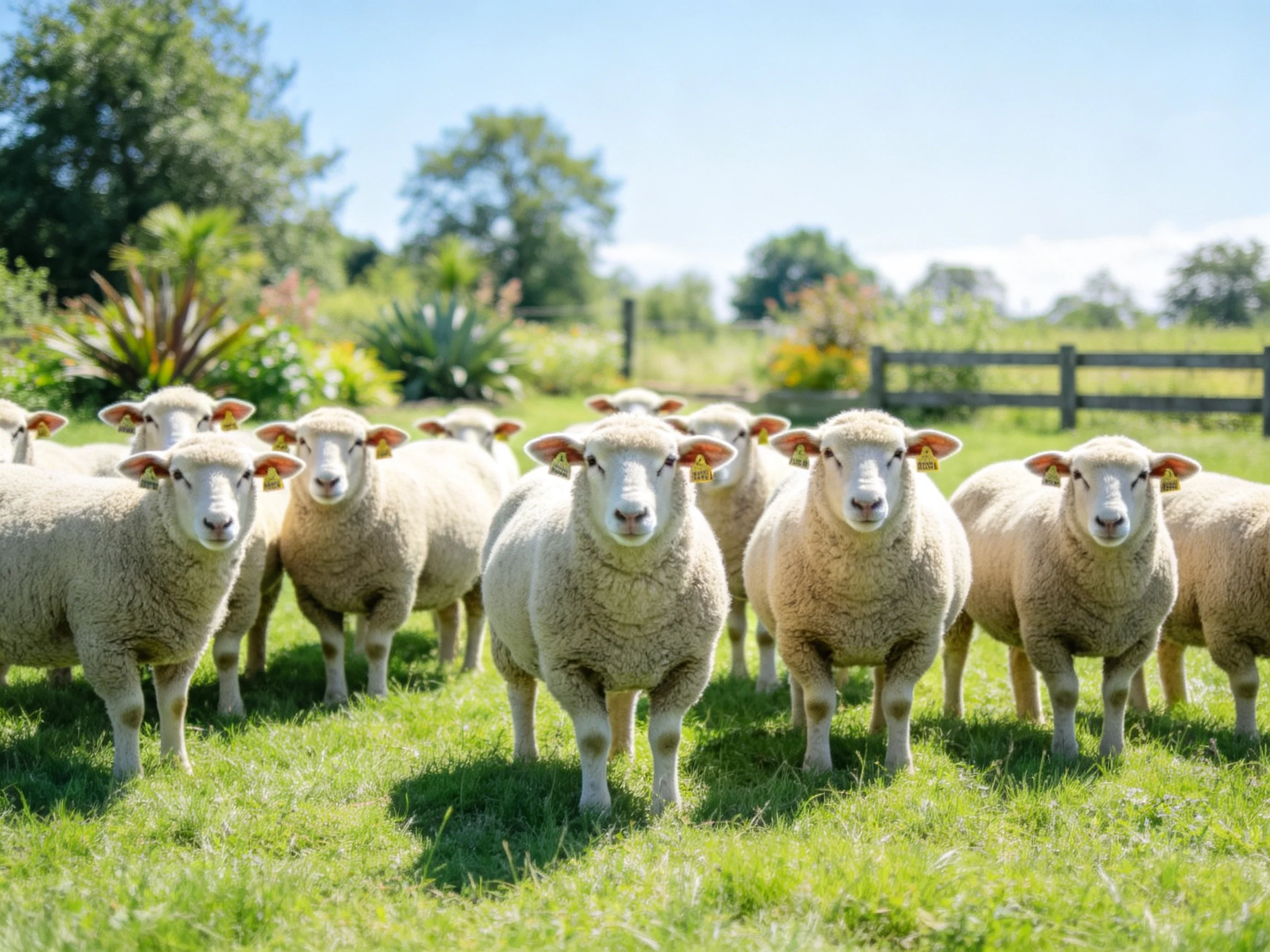 A flock of sheep with thick wool in a sunlit pasture