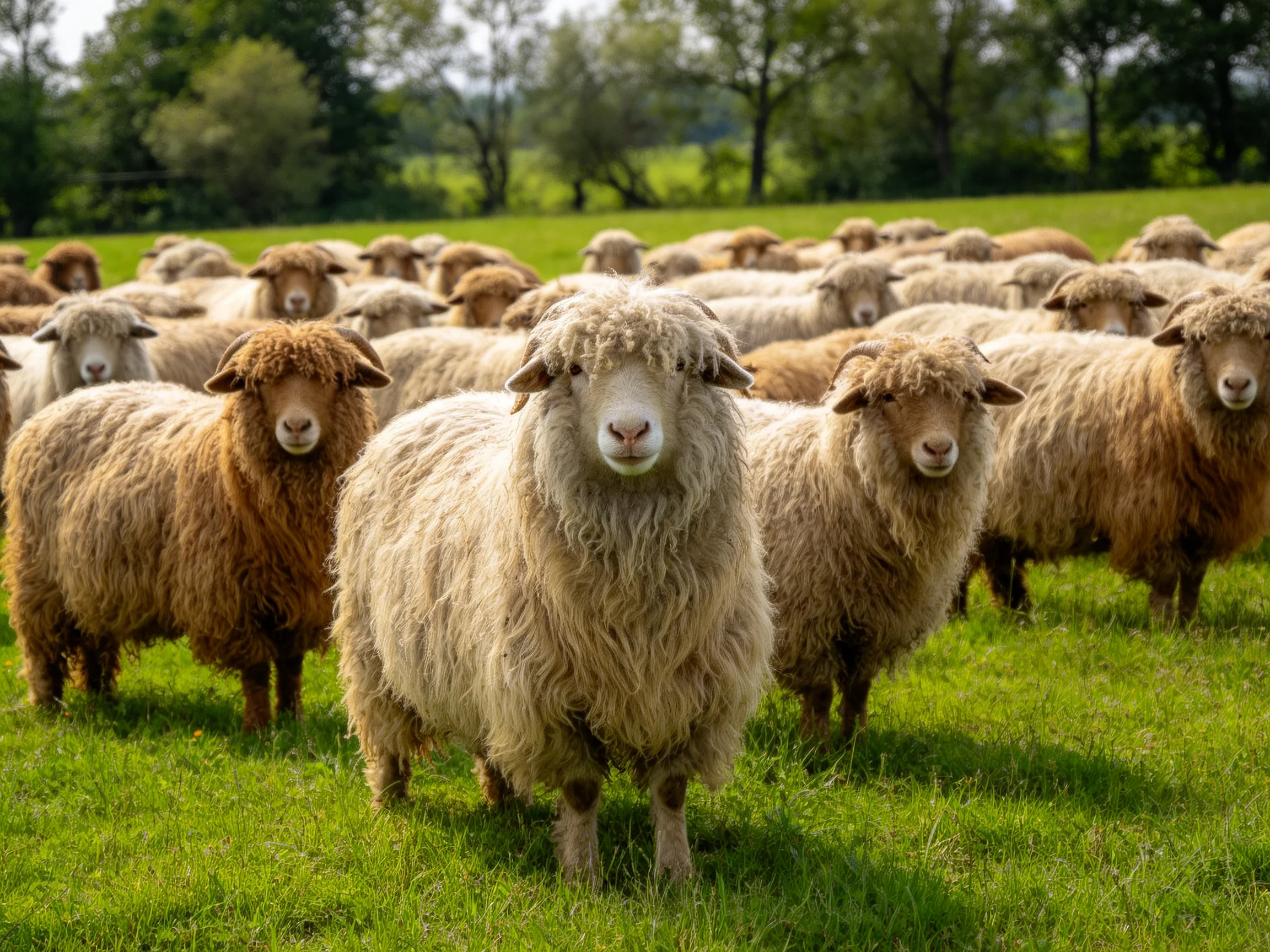 A flock of sheep with varied wool colors in a green pasture