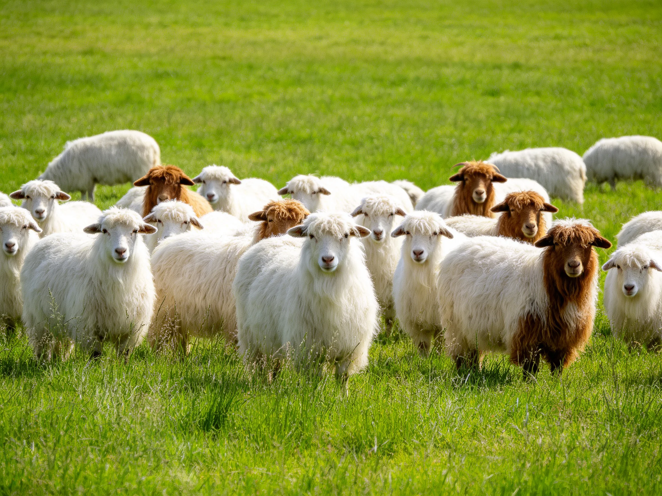 A flock of sheep with white and brown coats in a lush green meadow