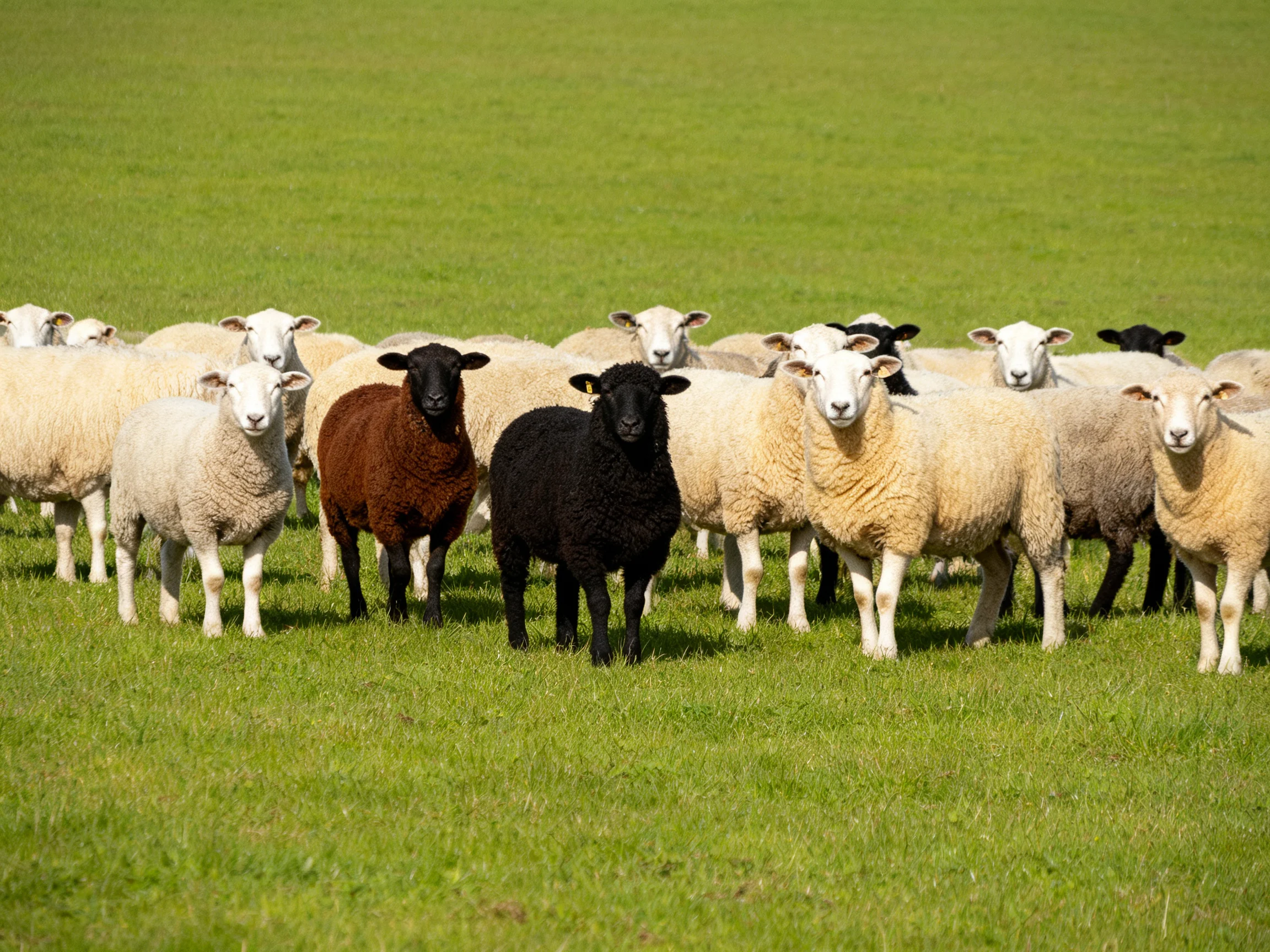 Sheep of various colors gather in a green pasture.