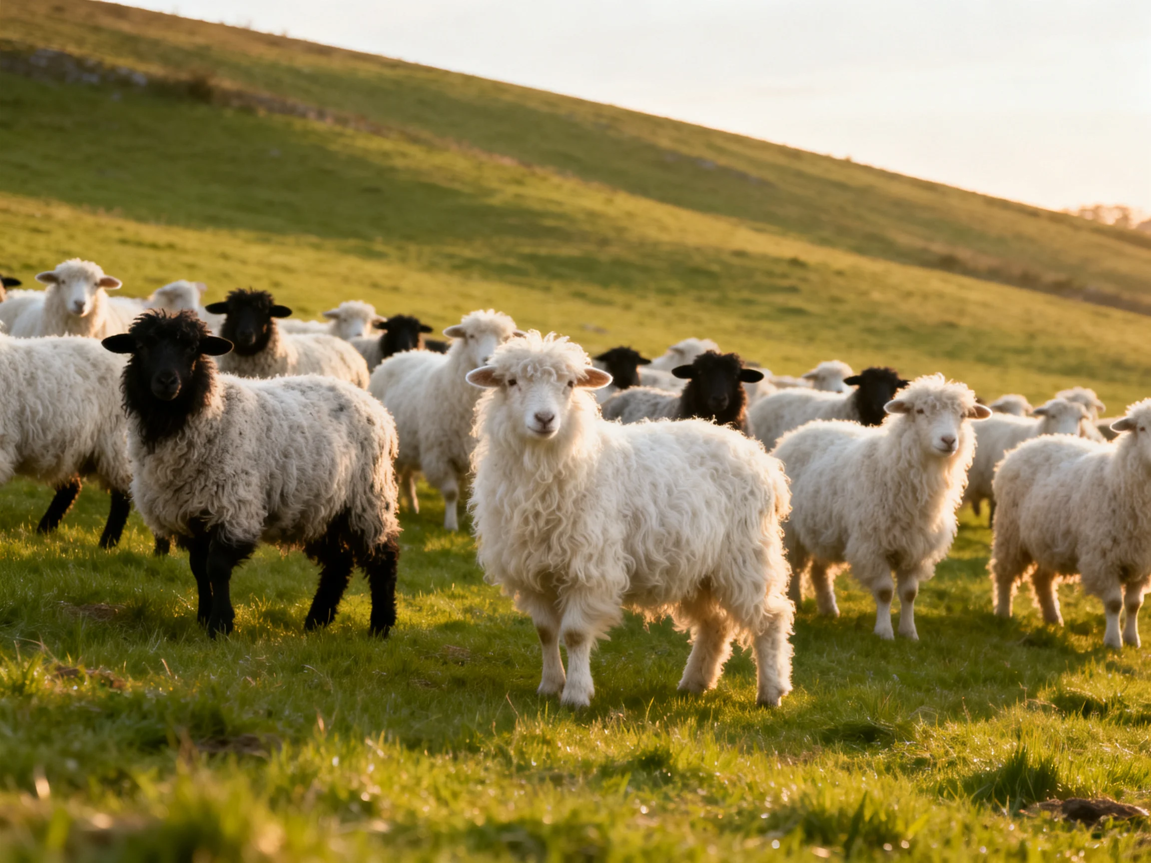 A flock of sheep with whiteand black coats grazing on a green hillside