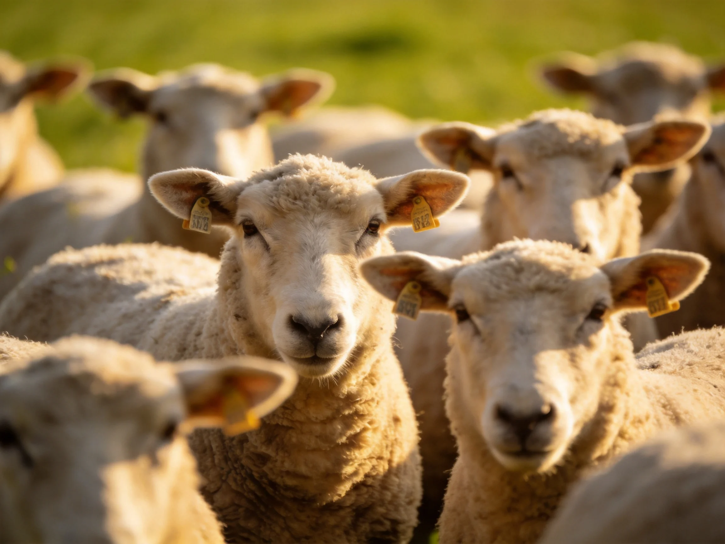 A flock of sheep with yellow ear tags gathered in a green pasture