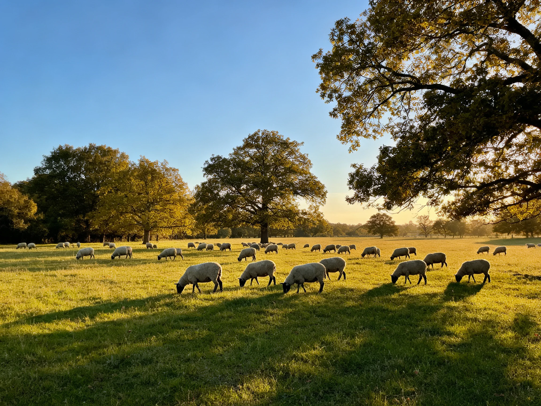 A flock of sheepgrazes in a sunlit green pasture with tall oak trees