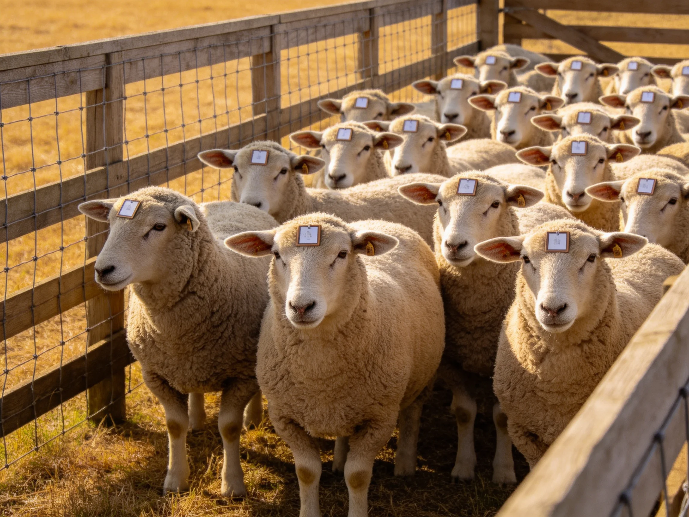 A flock of tagged sheep gathered in a wooden enclosure