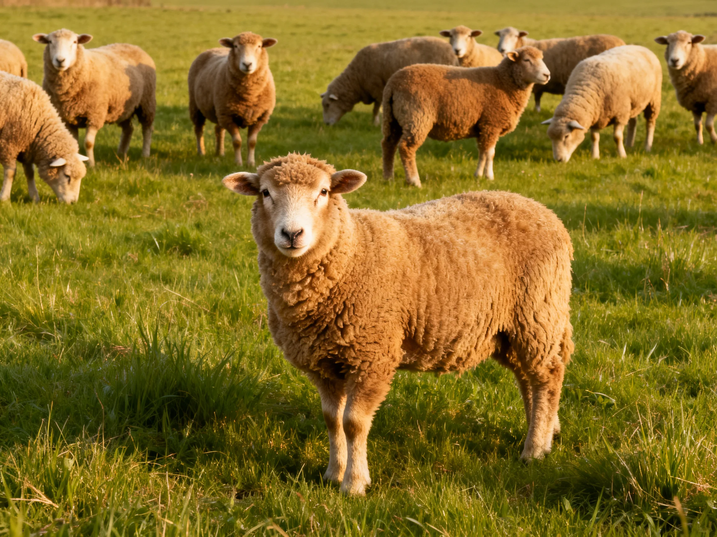 Tan sheep graze in a sunlit green pasture with varied positions.