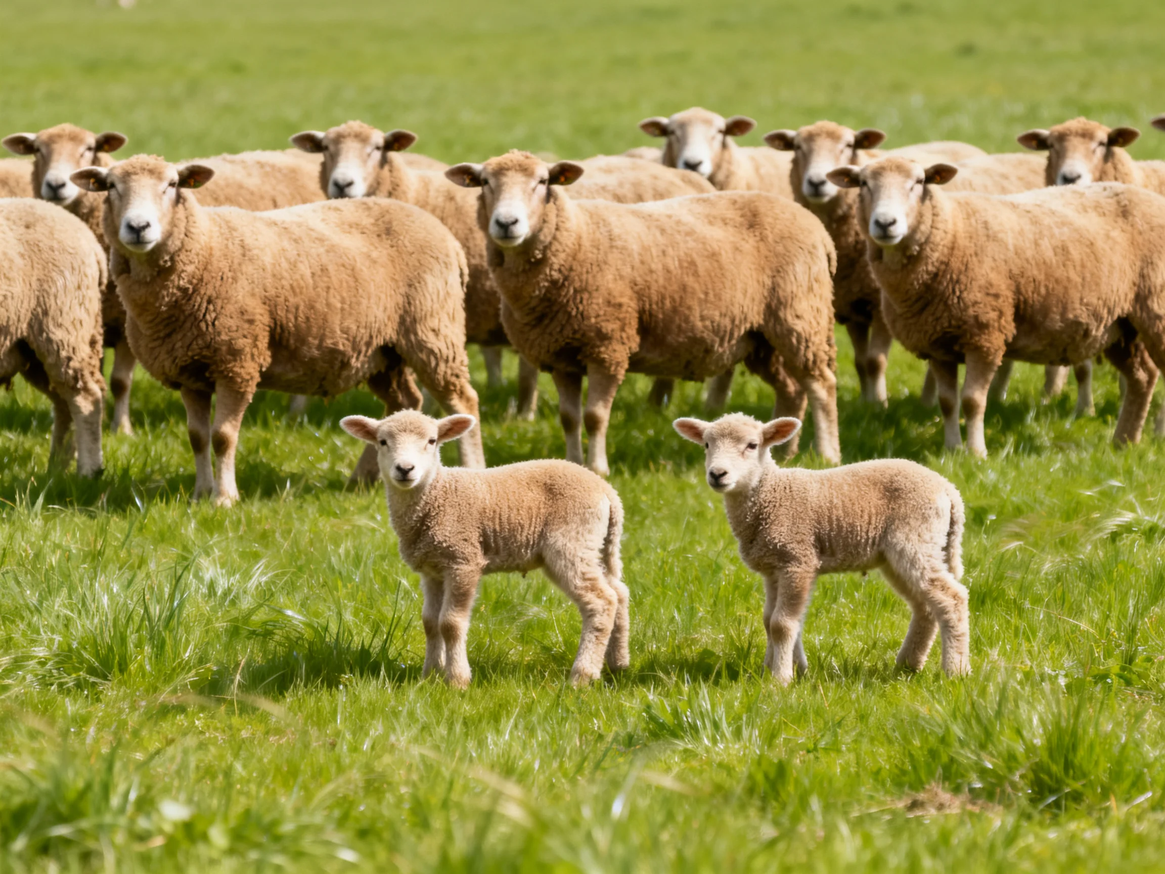 A flock of tan sheep with two lambs in a lush green pasture