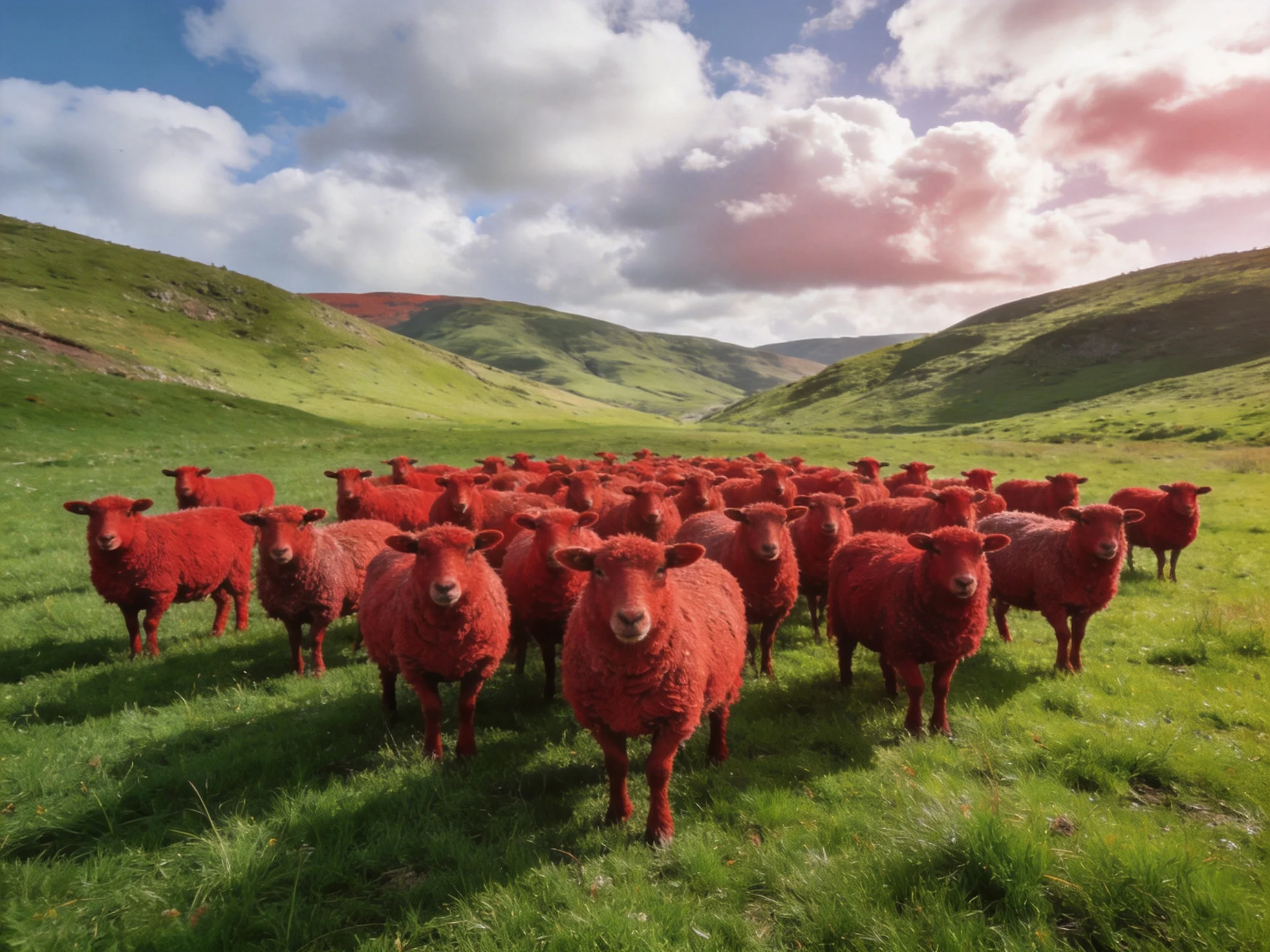 A flock of vivid red sheep in a lush green valley with rolling hills