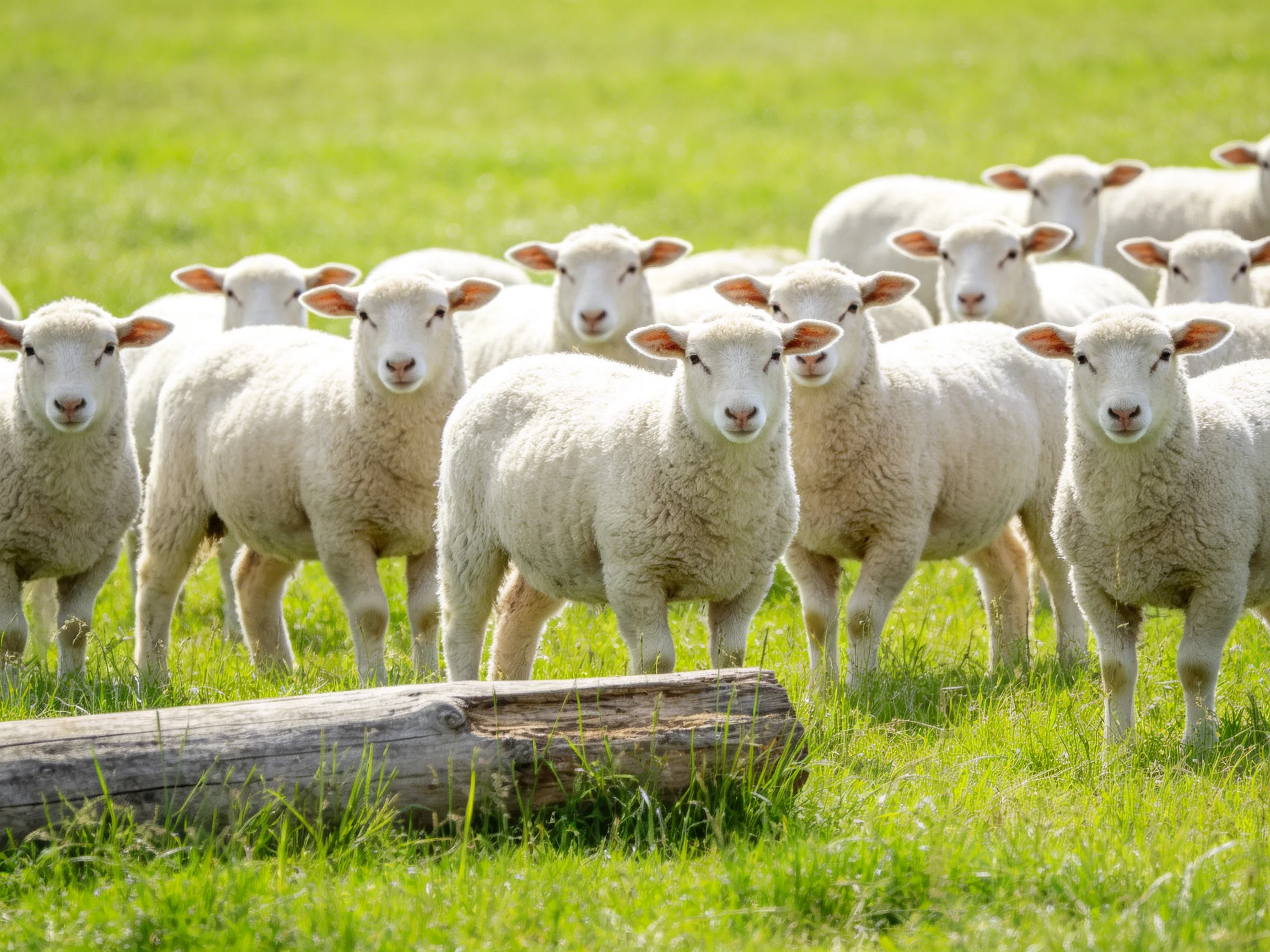 A flock of white lambs gathered in a lush green pasture