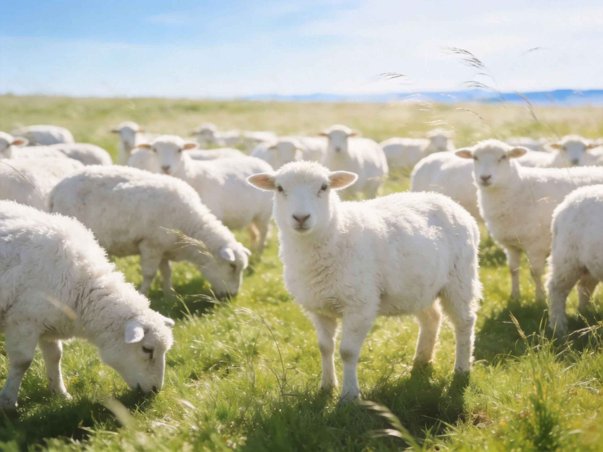A flock of white lambs grazing in a lush green meadow under bright sunlight
