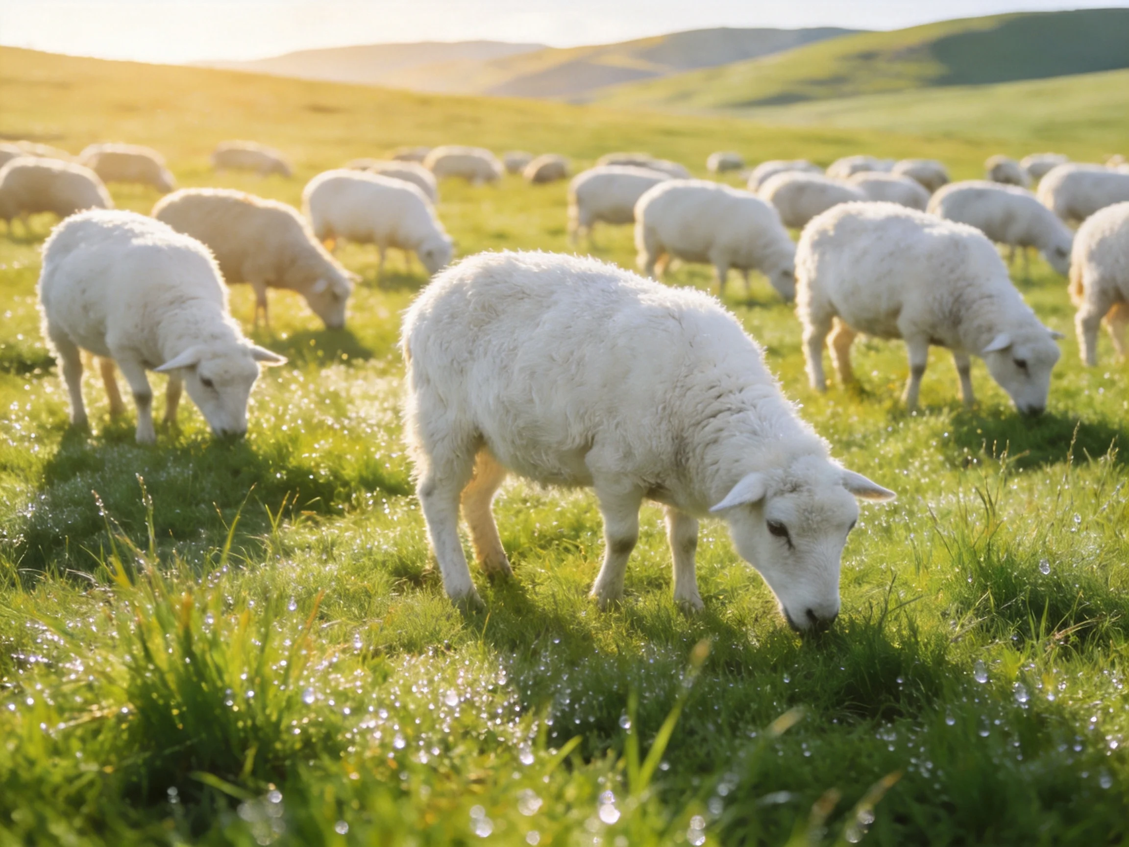 White lambs graze peacefully in a sunlit, verdant meadow.