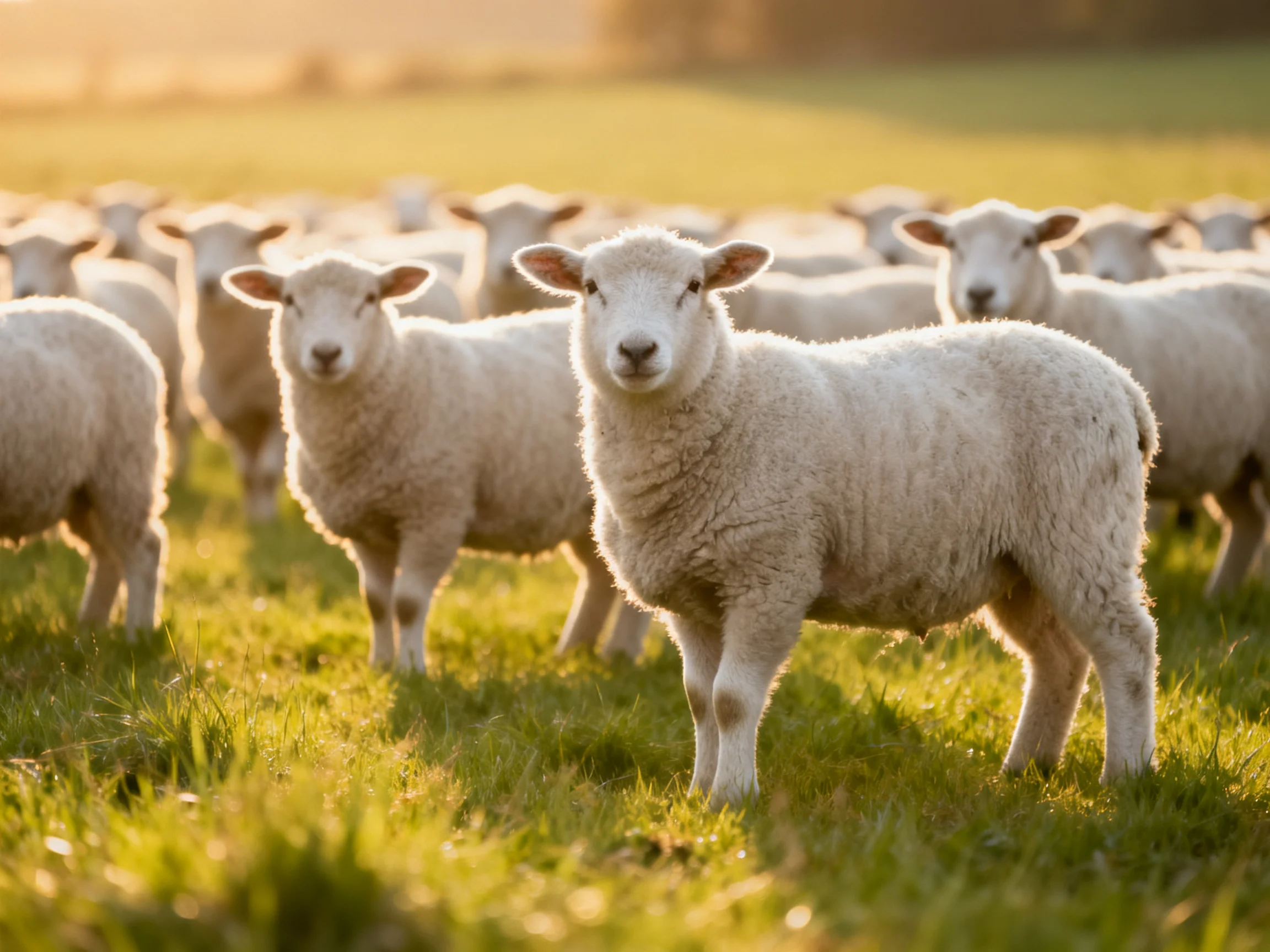 A flock of white lambs grazing in a sunlit green pasture