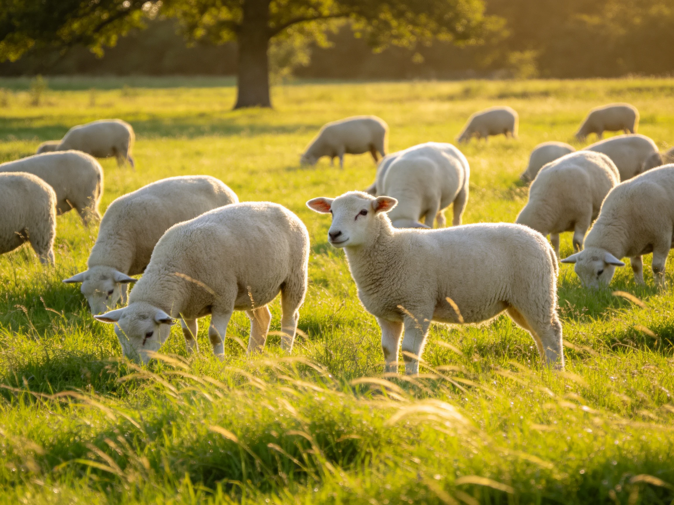 A flock of white lambs grazing in a sunlit green pasture