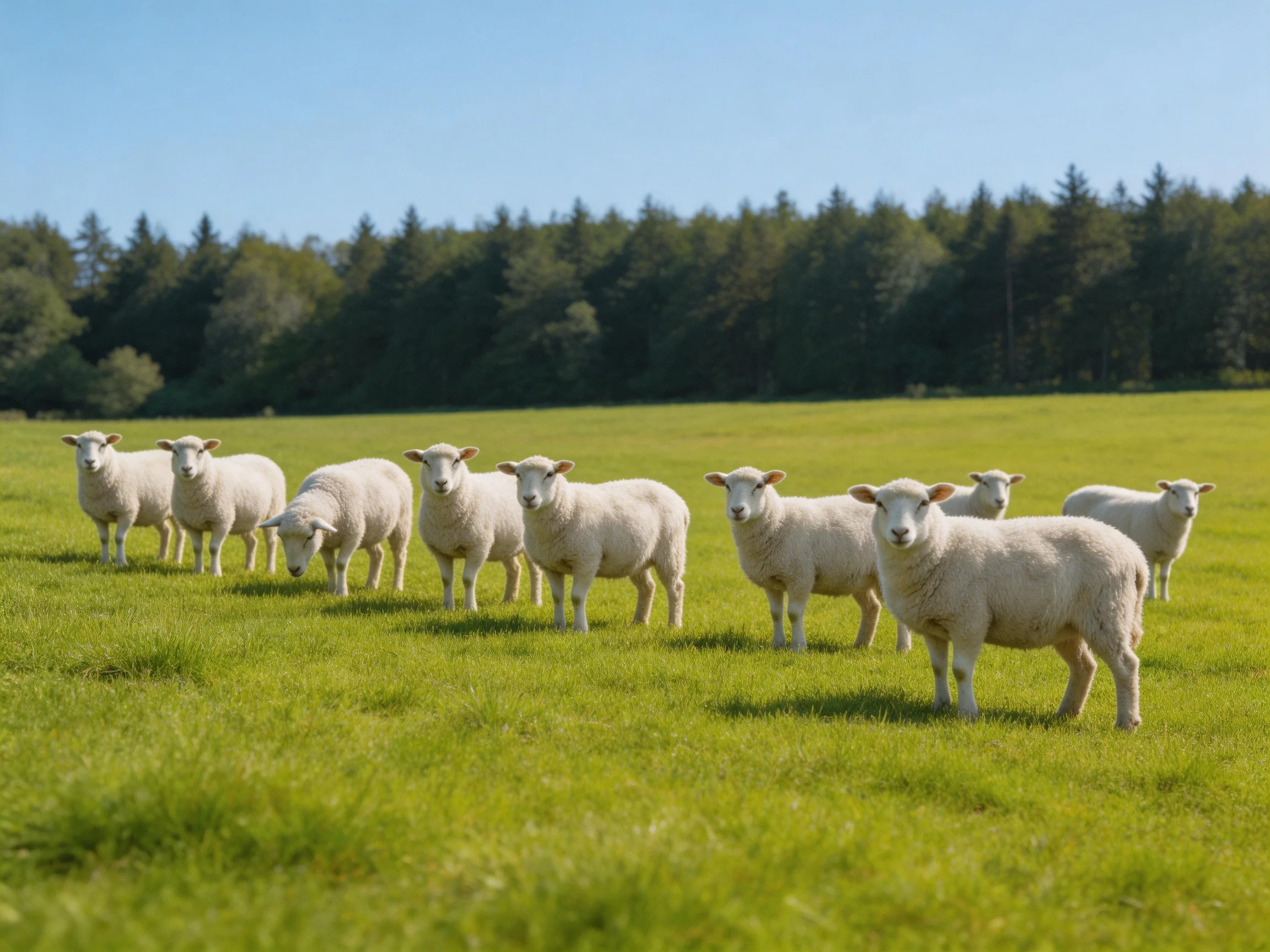 A flock of white lambs in a sun-drenched green pasture