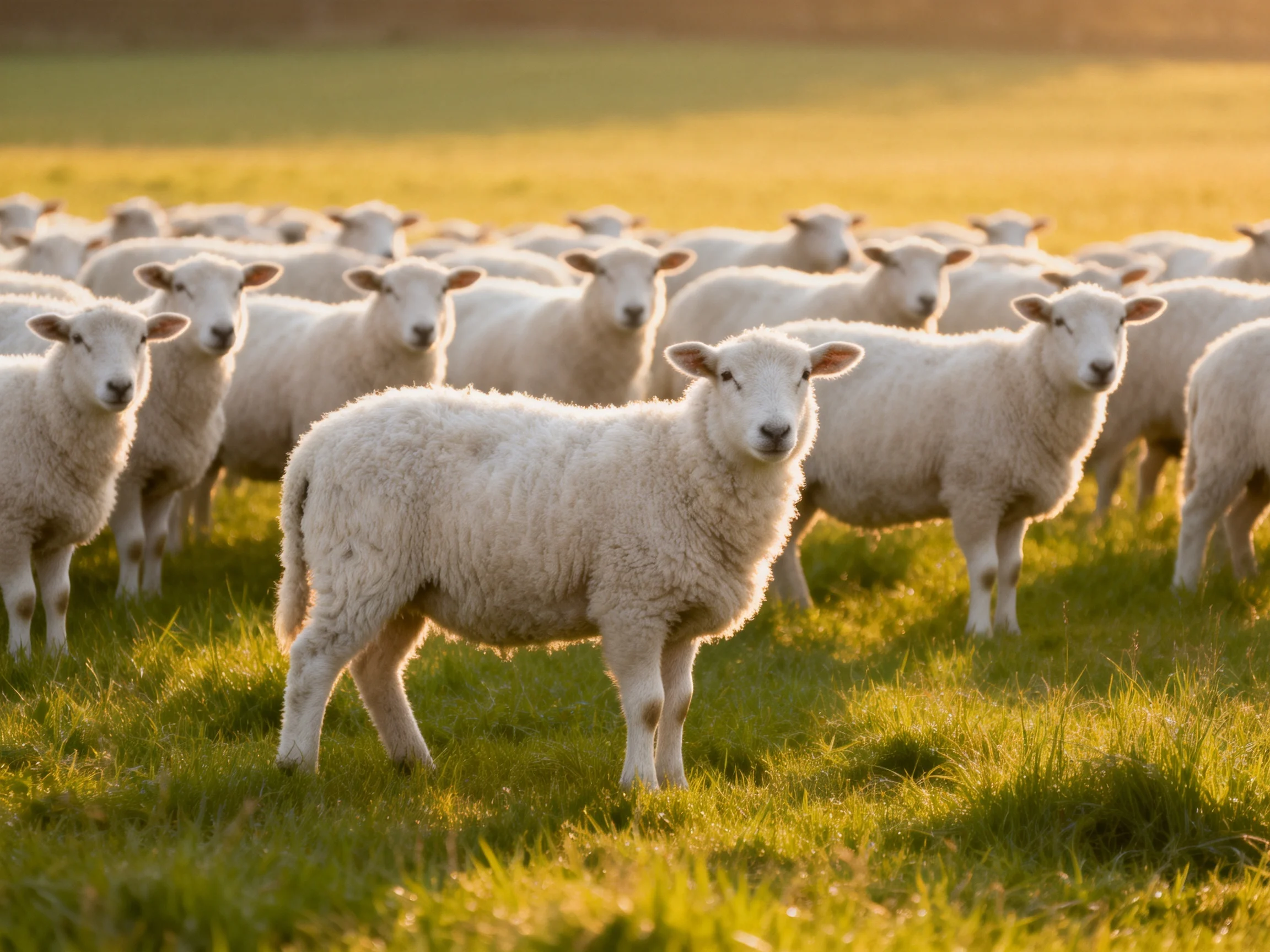 A large group of white lambs gathers in a sunlit green field.