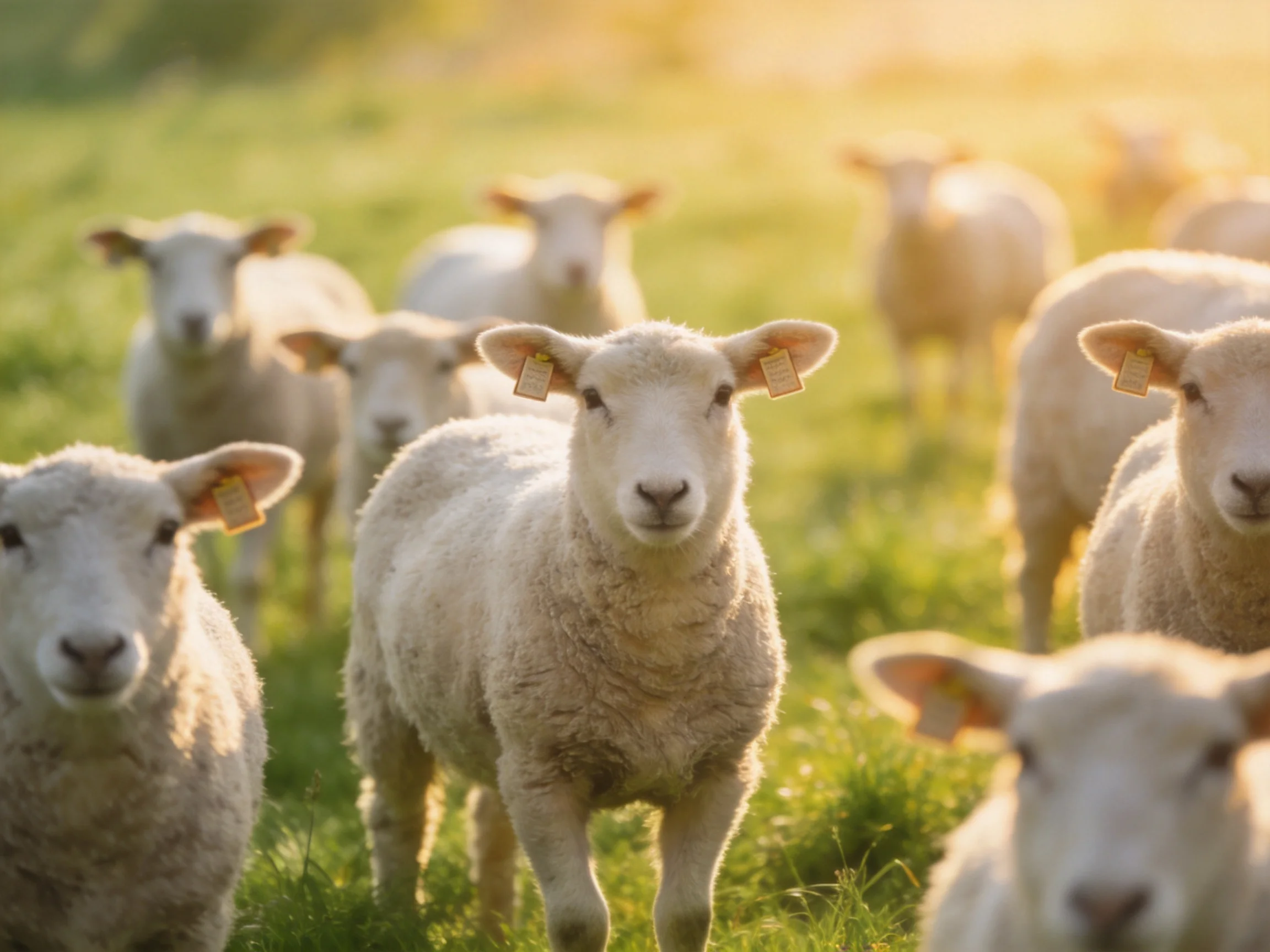 White lambs gather in a sunlit green pasture.