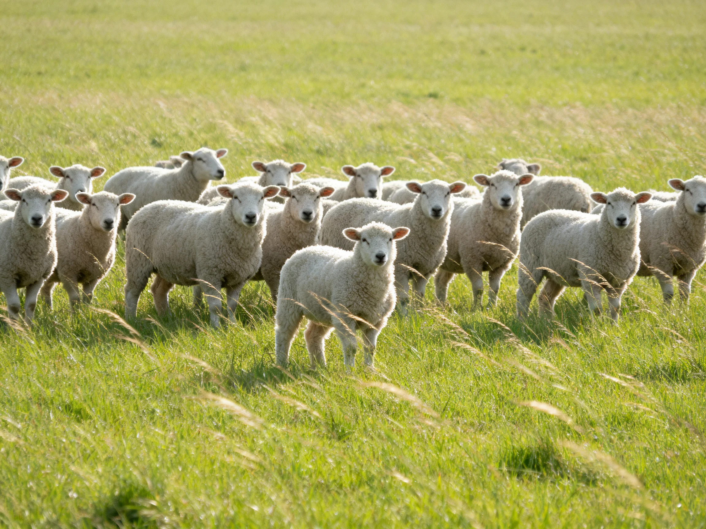 A group of white lambs stands together in a sunlit green pasture.