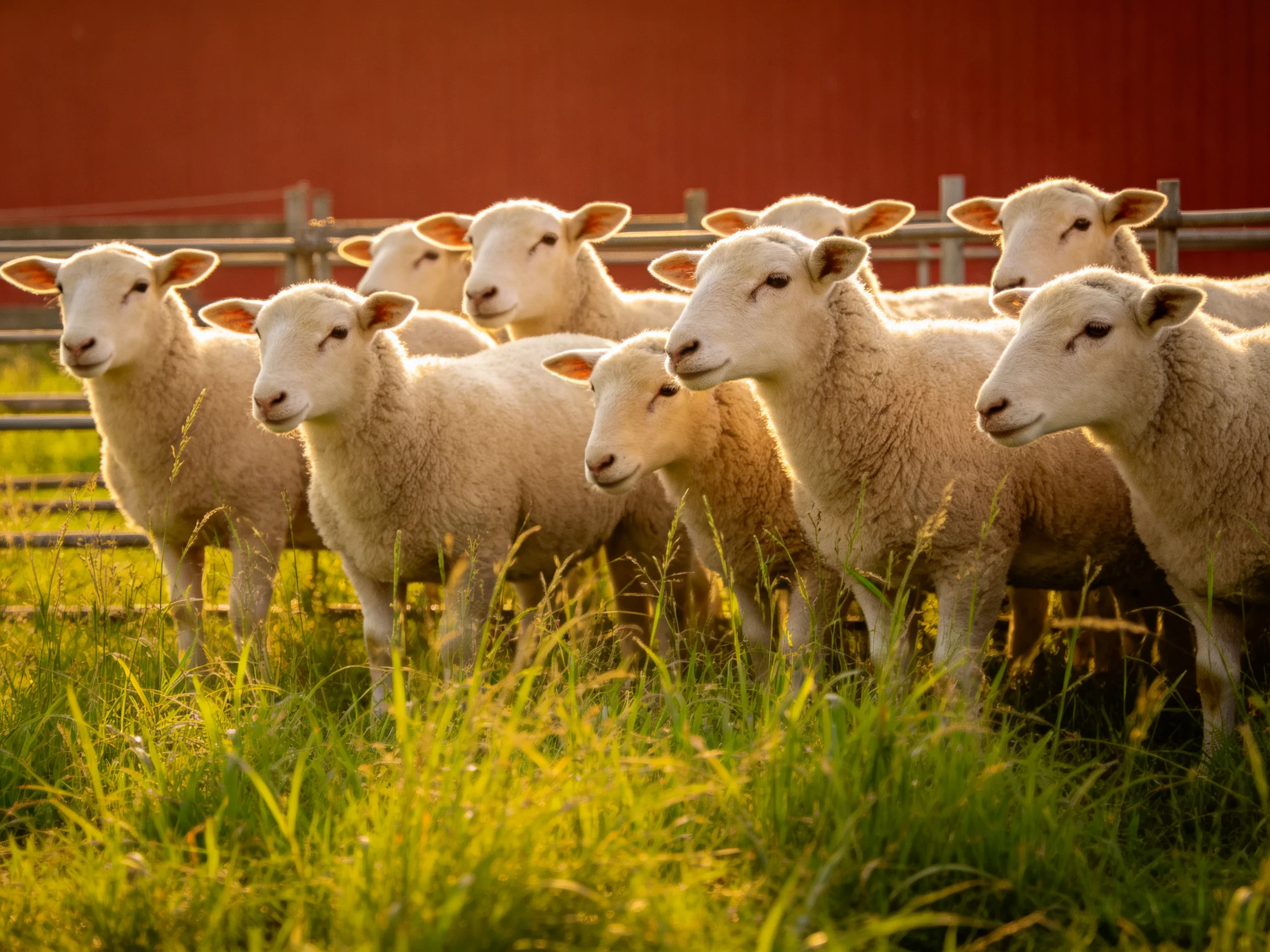 A flock of white lambs in golden grass near a red barn