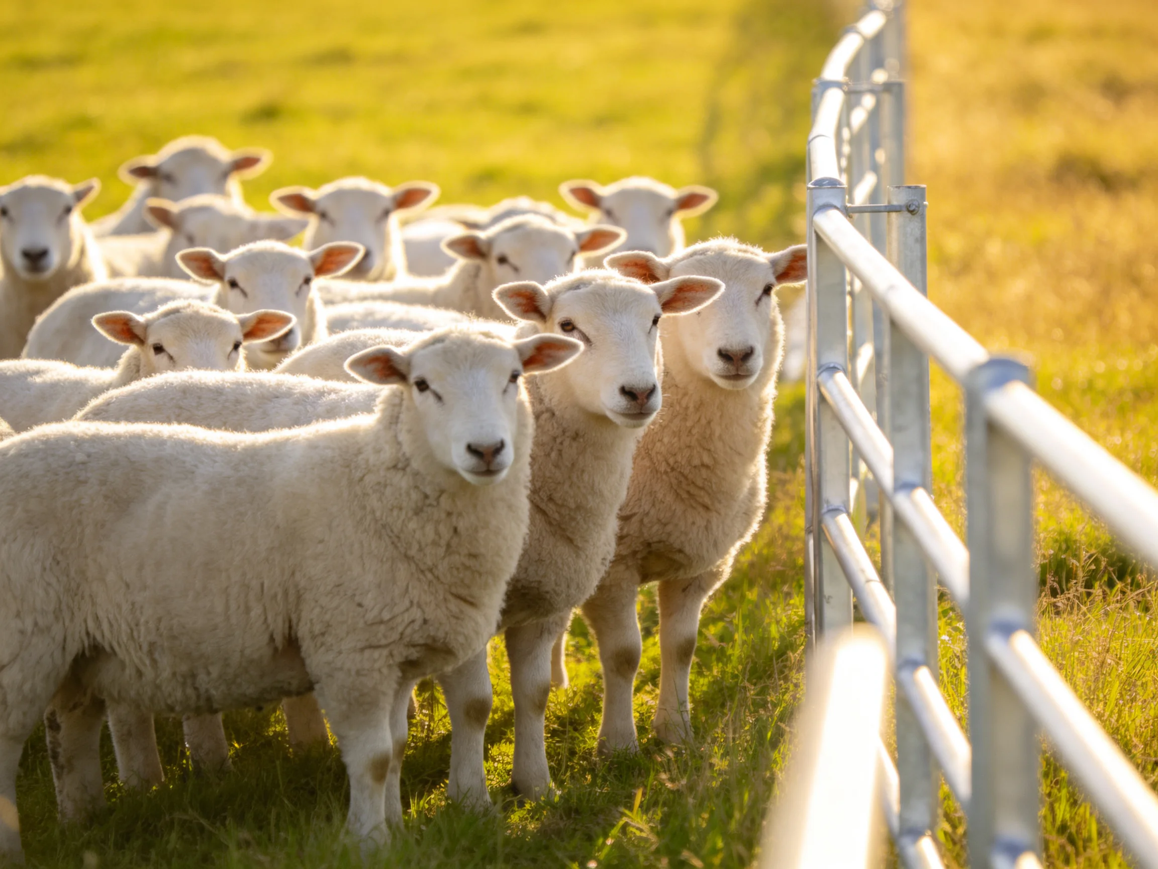 A flock of white lambs near a silver fence in a sunny field